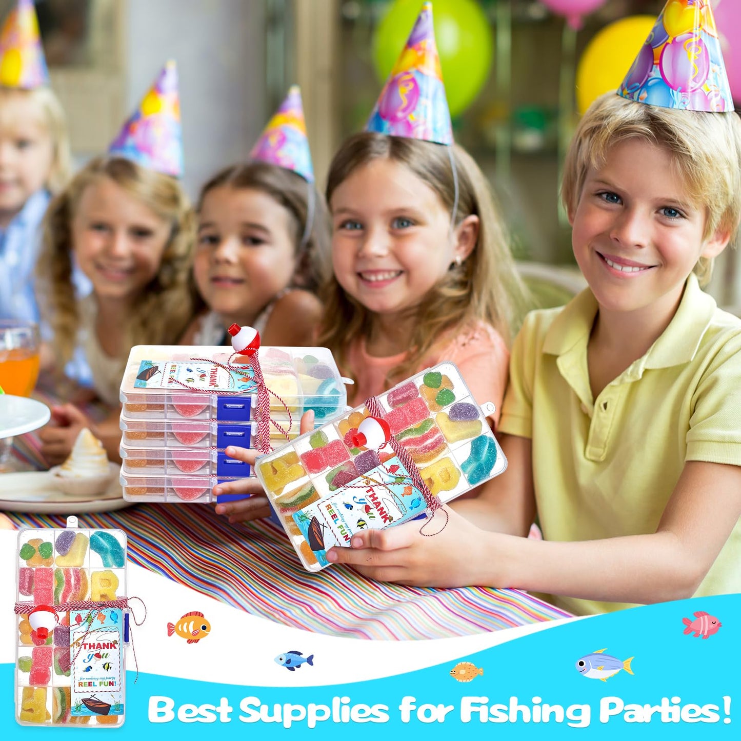 Cherizia 73Pcs Fishing Party Favors Candy Little Tackle Boxes 24 Sets with Red White Floater Thank You Cards for Making My Reel Fun Fishing Gone Theme Party Decorations (24)
