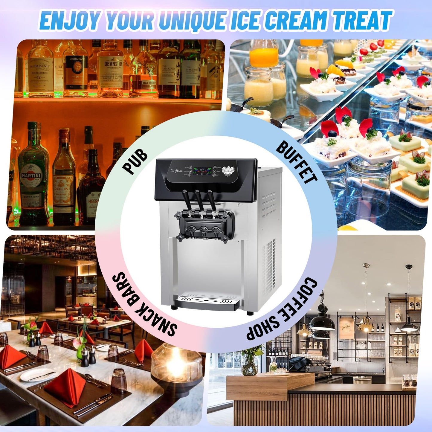 2200W 2+1 Flavor Commercial Soft Ice Cream Maker Machine, 5.8-8 Gal/Hr Countertop Soft Serve Machine with LCD Display, Auto Clean High Productivity for Restaurant