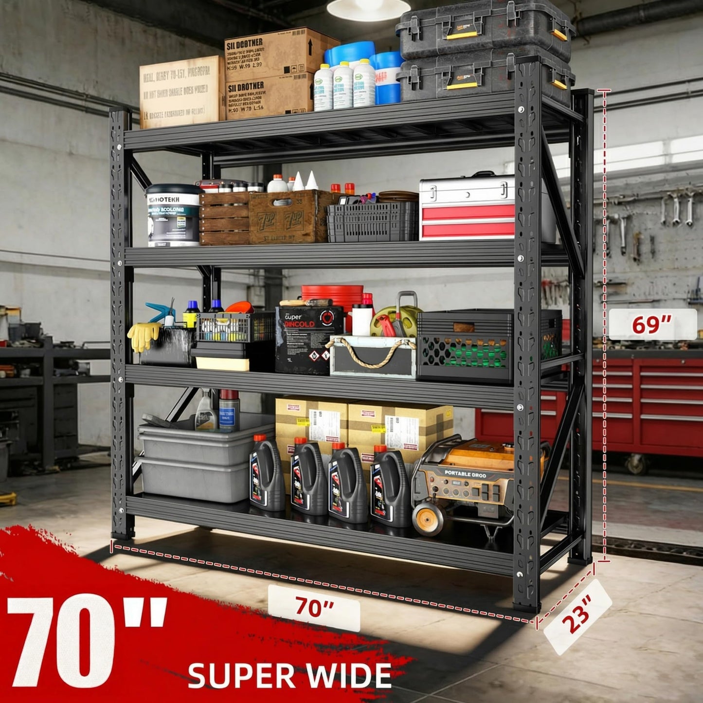 Lionhon Heavy Duty Garage Shelving, 70" W x 23" D x 69" H, 5000 LBS Capacity, 4-Tier Adjustable Metal Storage Shelves, Reinforced Steel Storage Rack for Warehouse, Basement, Workshop