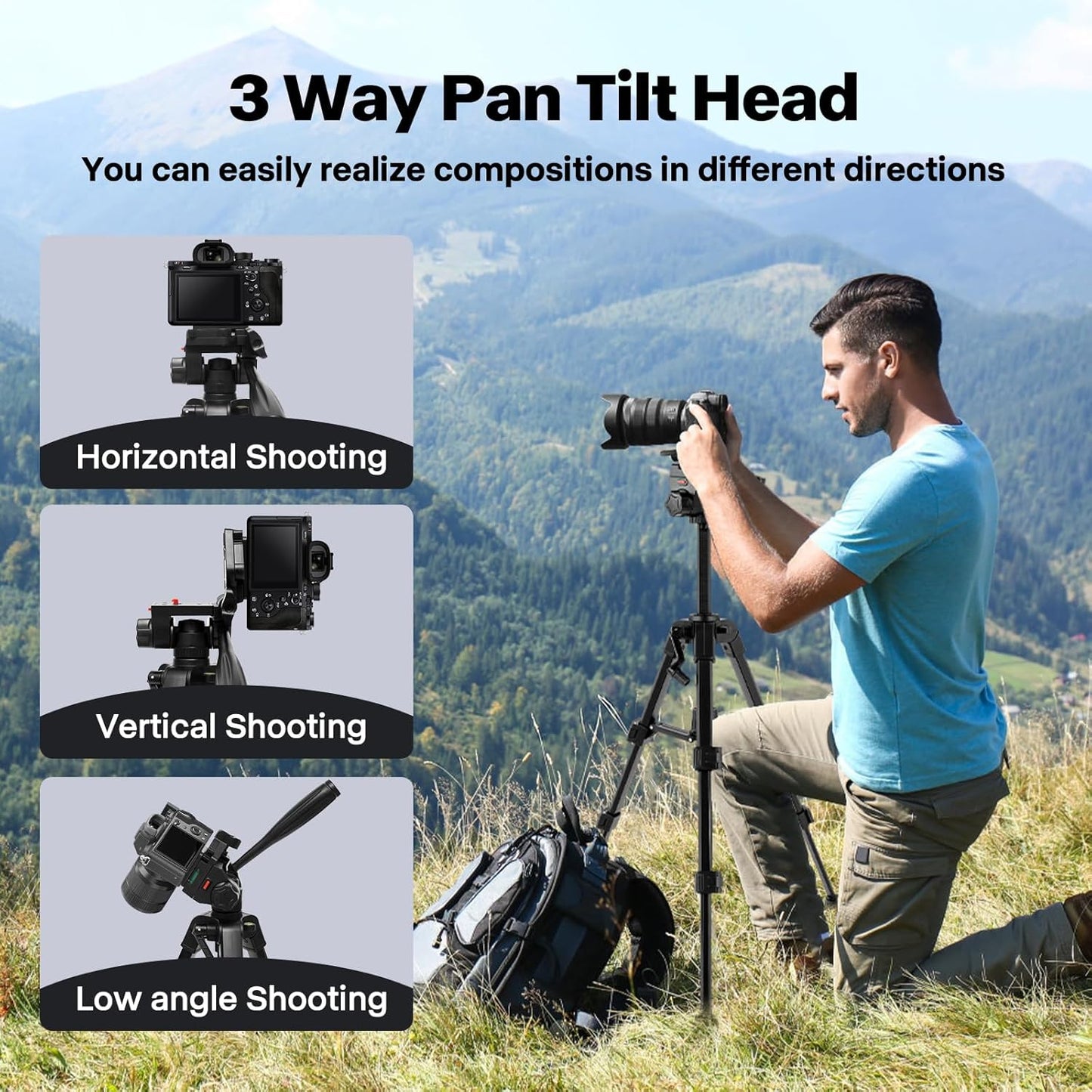 Kalofaye 25" 3 Mini Tripod for Camera & Phone, Aluminum Alloy Portable Tabletop Tripod with Way Pan Tilt Head, Handle