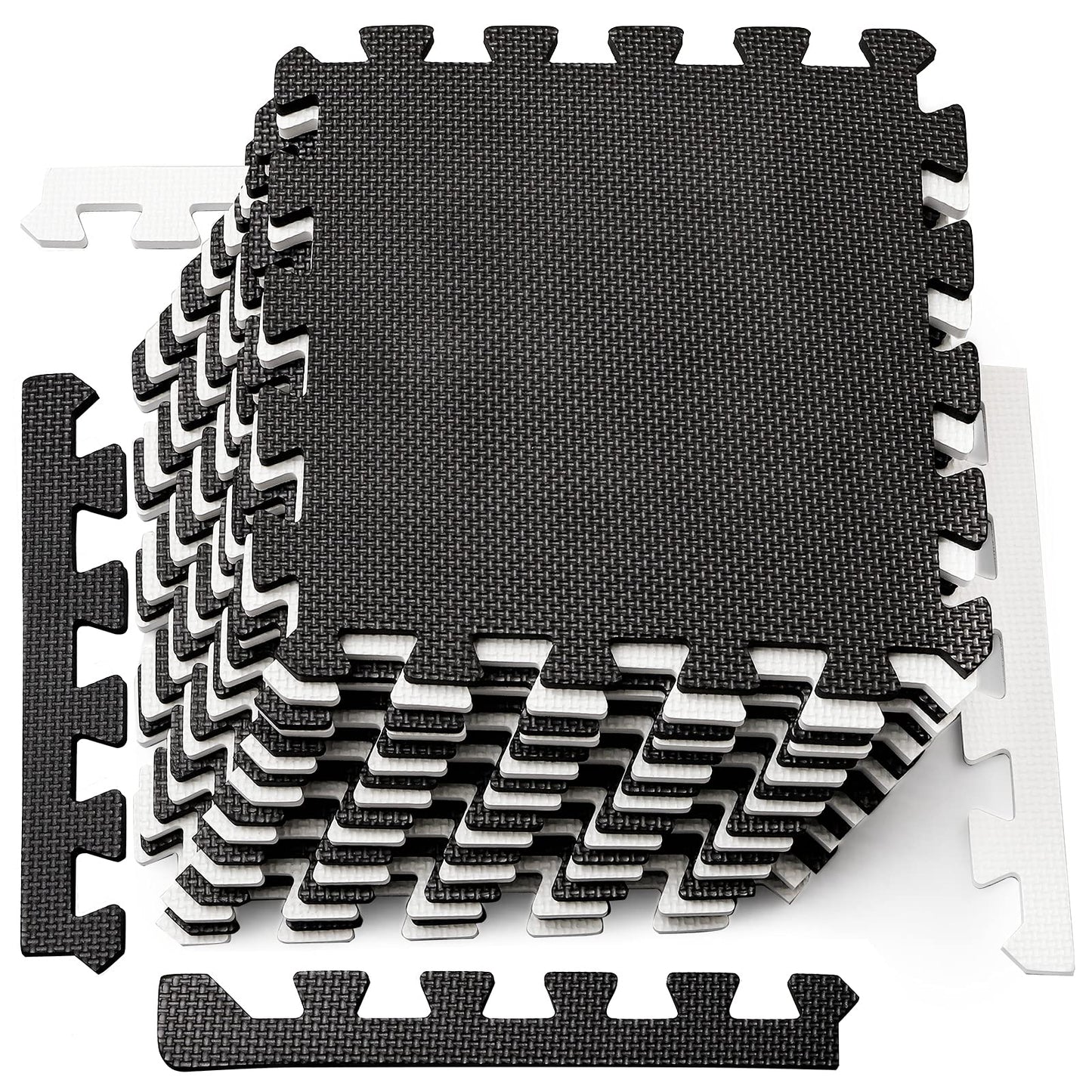 DEAYOU 16 Tiles Interlocking Foam Mat Floor Tiles, 12" x 12" EVA Foam Puzzle Mat with Borders, 0.4" Thick Soft Protective Exercise Padding Mats for Fitness, Play, Gym, Black and Cream White
