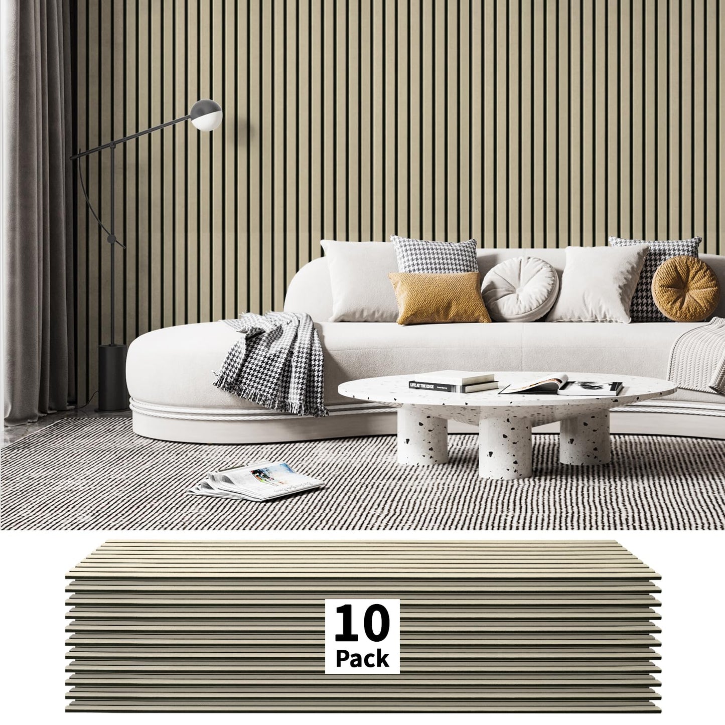 Art3dwallpanels 10 Pack Acoustic Panels, 48" X 12" X 0.43" Soundproof Wall Panels, Self Adhesive High Density Sound Absorbing Acoustic Treatment for Recording Studio, Office, Camel and Black