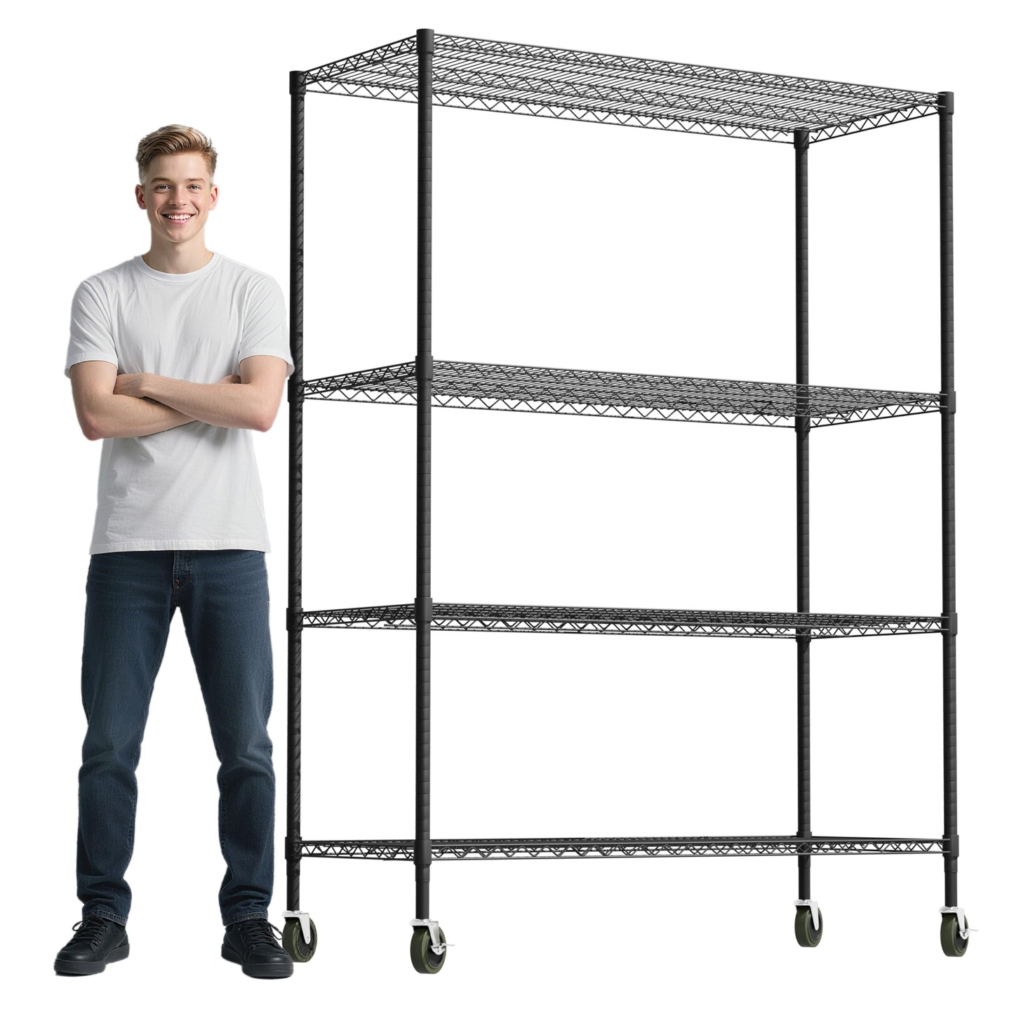 Whitmor 4 Tier Storage Shelves with Wheels, Heavy Duty Metal Shelving Unit, 625 lbs Capacity per Shelf, 2500 lbs Total for Kitchen, Garage, Plant, 55" L x 24" W x 72" H, Black
