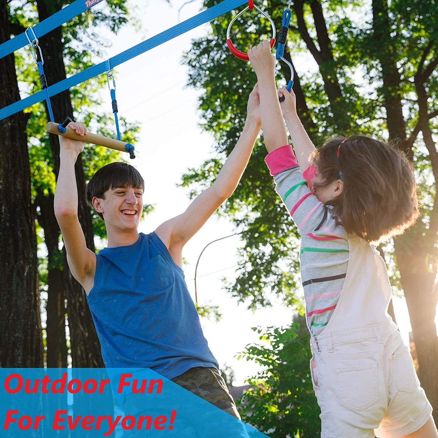 Double Ninja Slackline Obstacle Course for Kids | 110 Foot Line | Monkey Bars Playground Equipment | Ninja Warrior Obstacle Course for Kids | Patented Double Line Design (Deluxe)