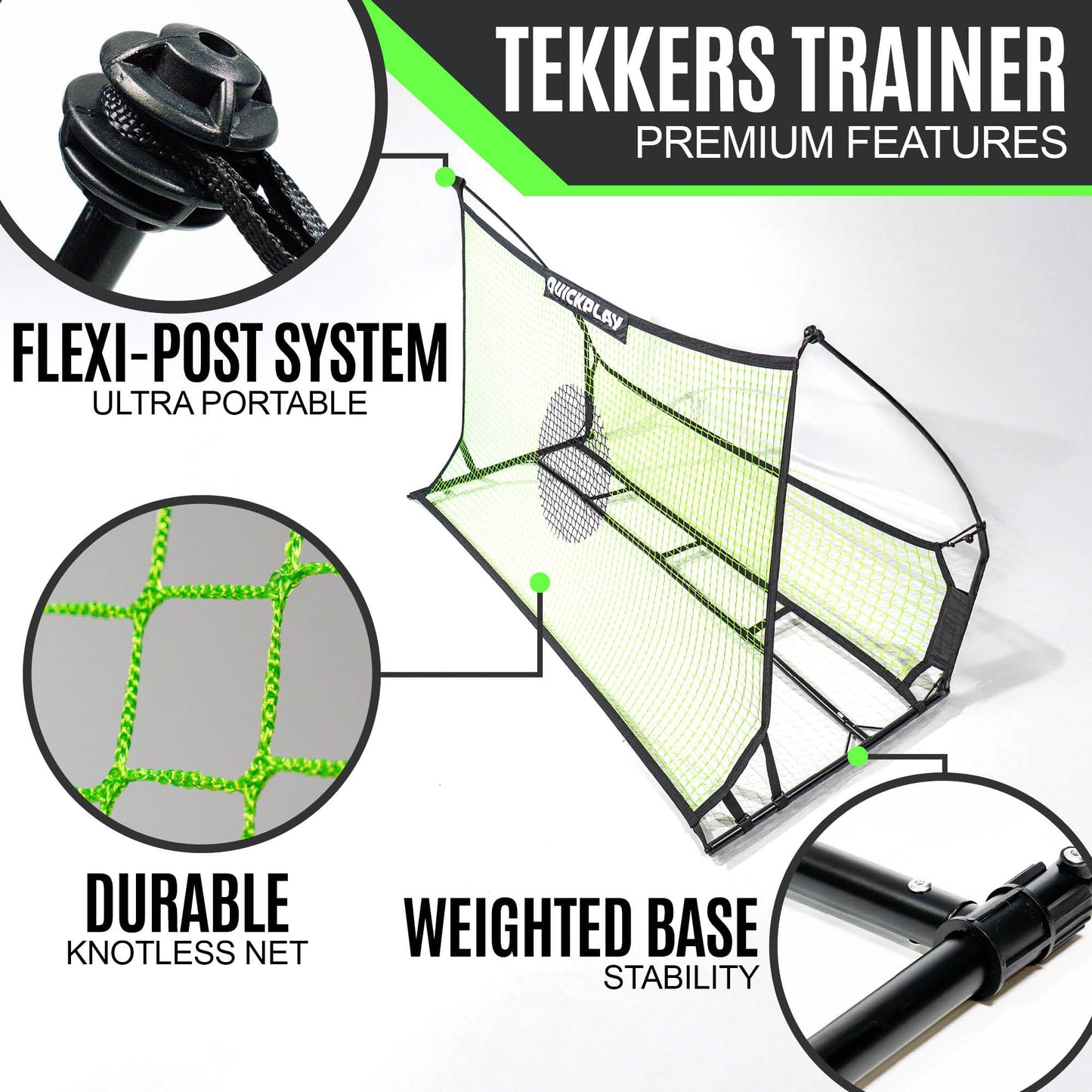 QUICKPLAY TEKKERS TRAINER Soccer Rebounder, 6.5x4' Spot & 6.5x1.5ft Ground Pass Nets, Alloy Steel, Fiberglass, Black, Green, Portable