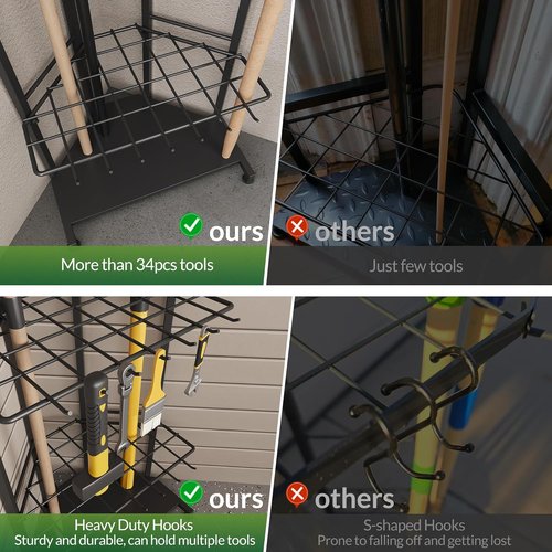 Garden Tool Organizer - Heavy Duty Metal Rack with 34 Compartments & 14 Hooks for Efficient Storage