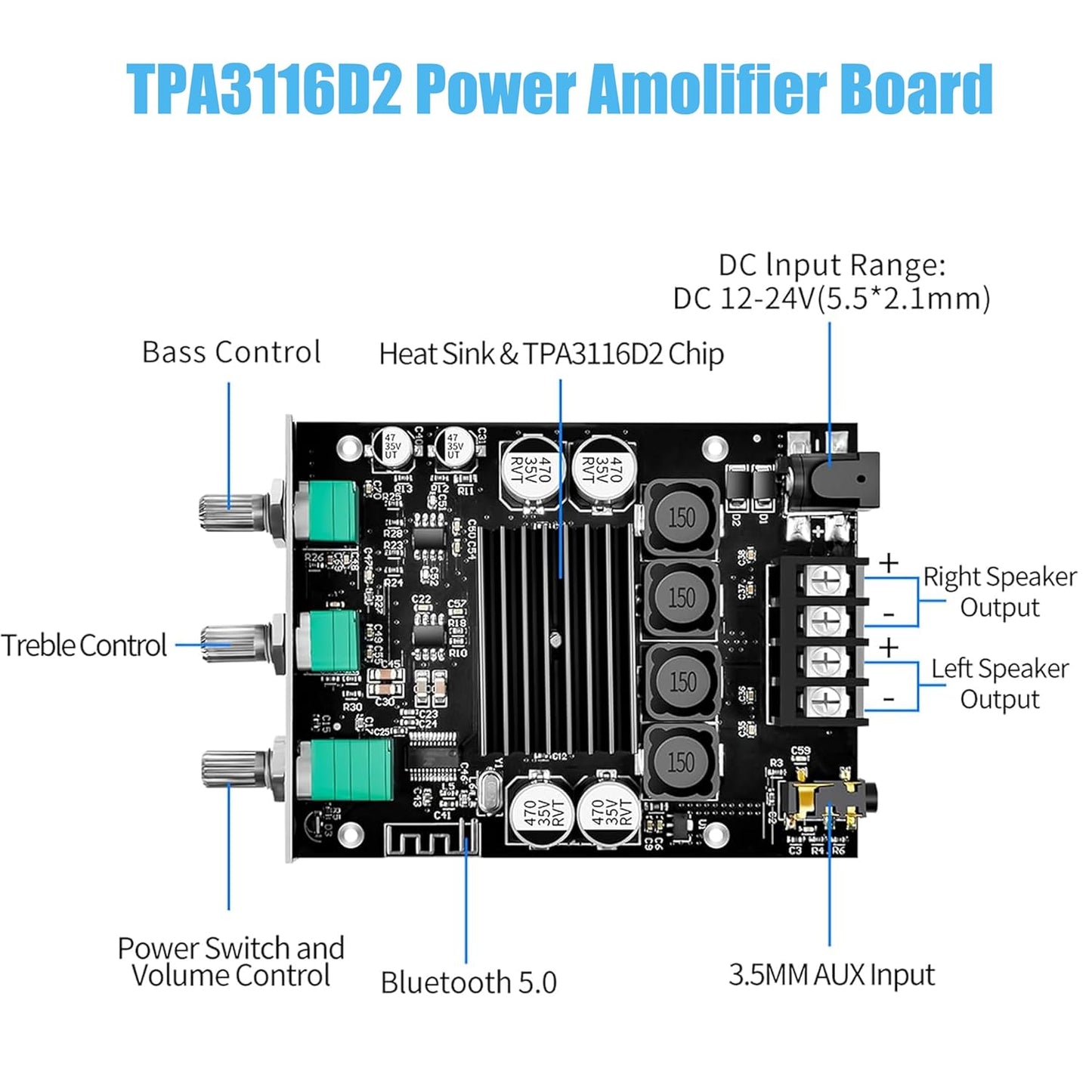 ZK-1002T 100W+100W 2.0 TPA3116D2 9-24V, Bluetooth Amplifier Board with Treble and Bass Control, Channel Stereo Audio