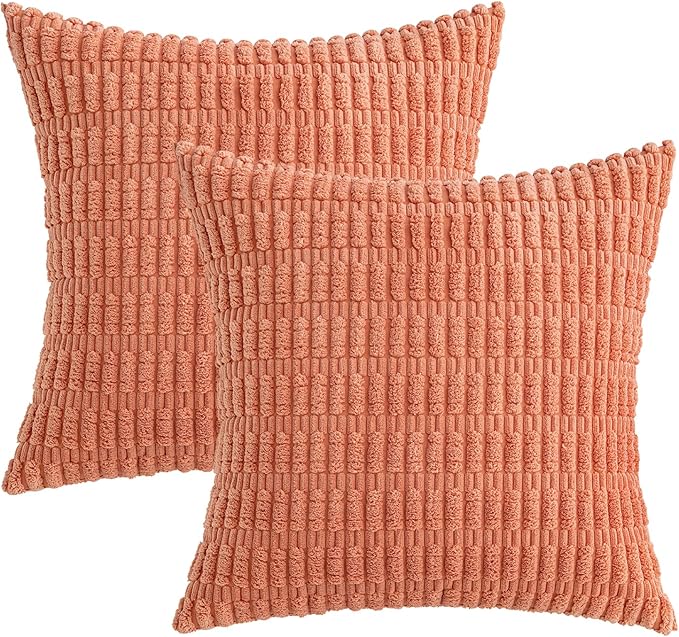 MIULEE Pack of 2 Corduroy Decorative Euro Sham Throw Pillow Covers 22x22 Inch Soft Boho Striped Pillow Covers Modern Farmhouse Home Decor for Summer Sofa Living Room Couch Bed Coral