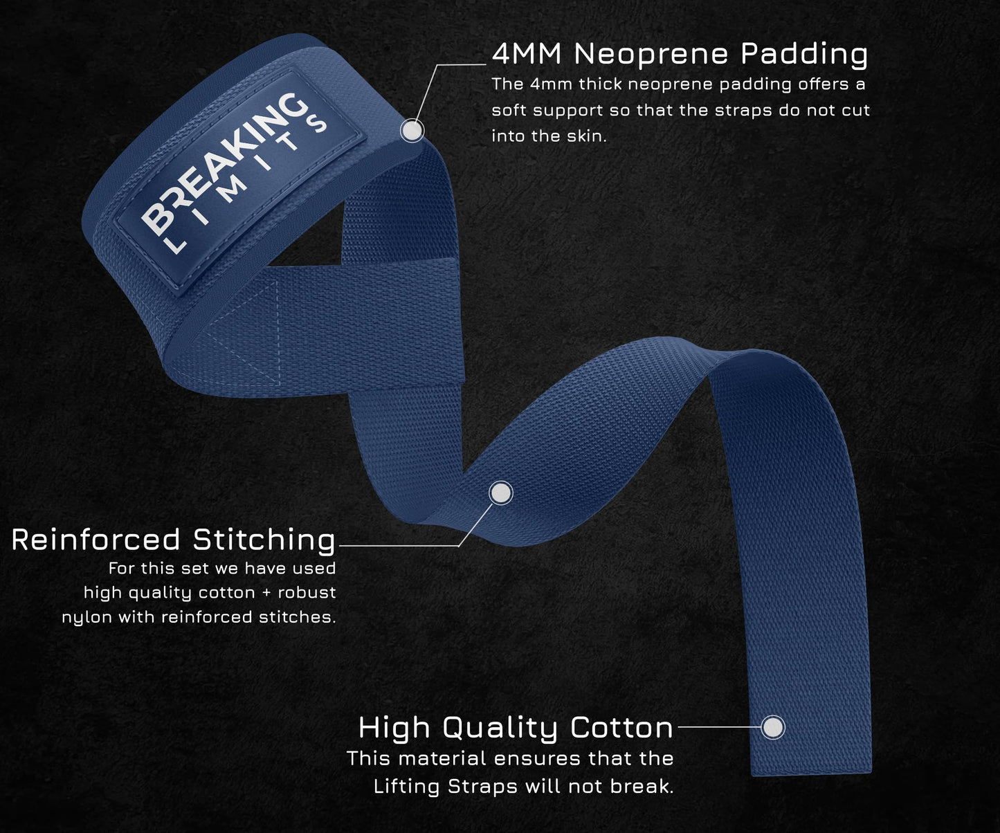 Breaking Limits Gym Straps Weight Lifting Wrist Wraps Bundle – Workout Lifting Straps for Deadlift – Wrist Straps for Weightlifting Men & Women - Muñequeras Para Gym (Navy Blue)