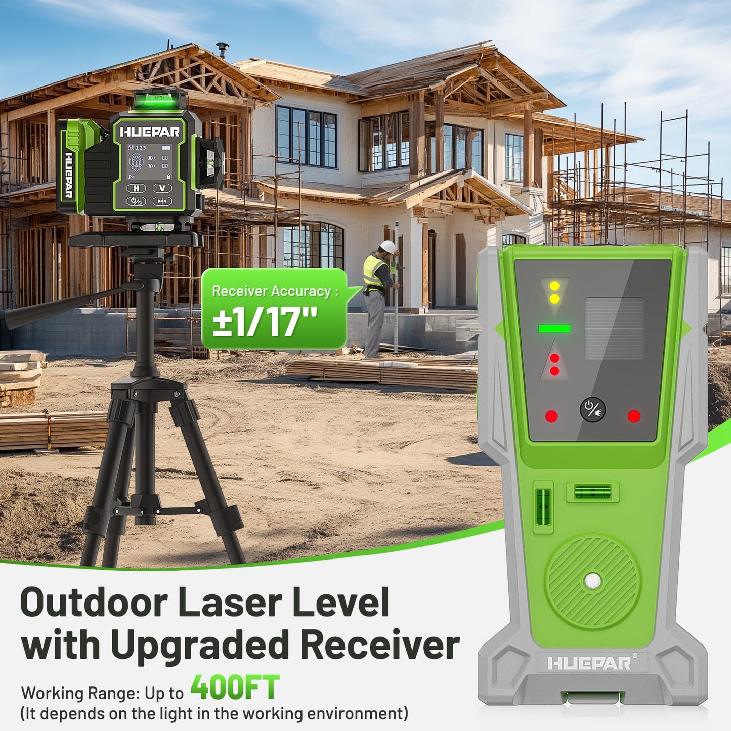 Huepar W04CG 4D Laser Level with Receiver for Outdoor or Longer Distance Use, Up to 400 ft, 4x360° Self Leveling Green Lazer Leveler Tool for Construction, Tiling, Framing, Drop Ceiling, Floor etc.