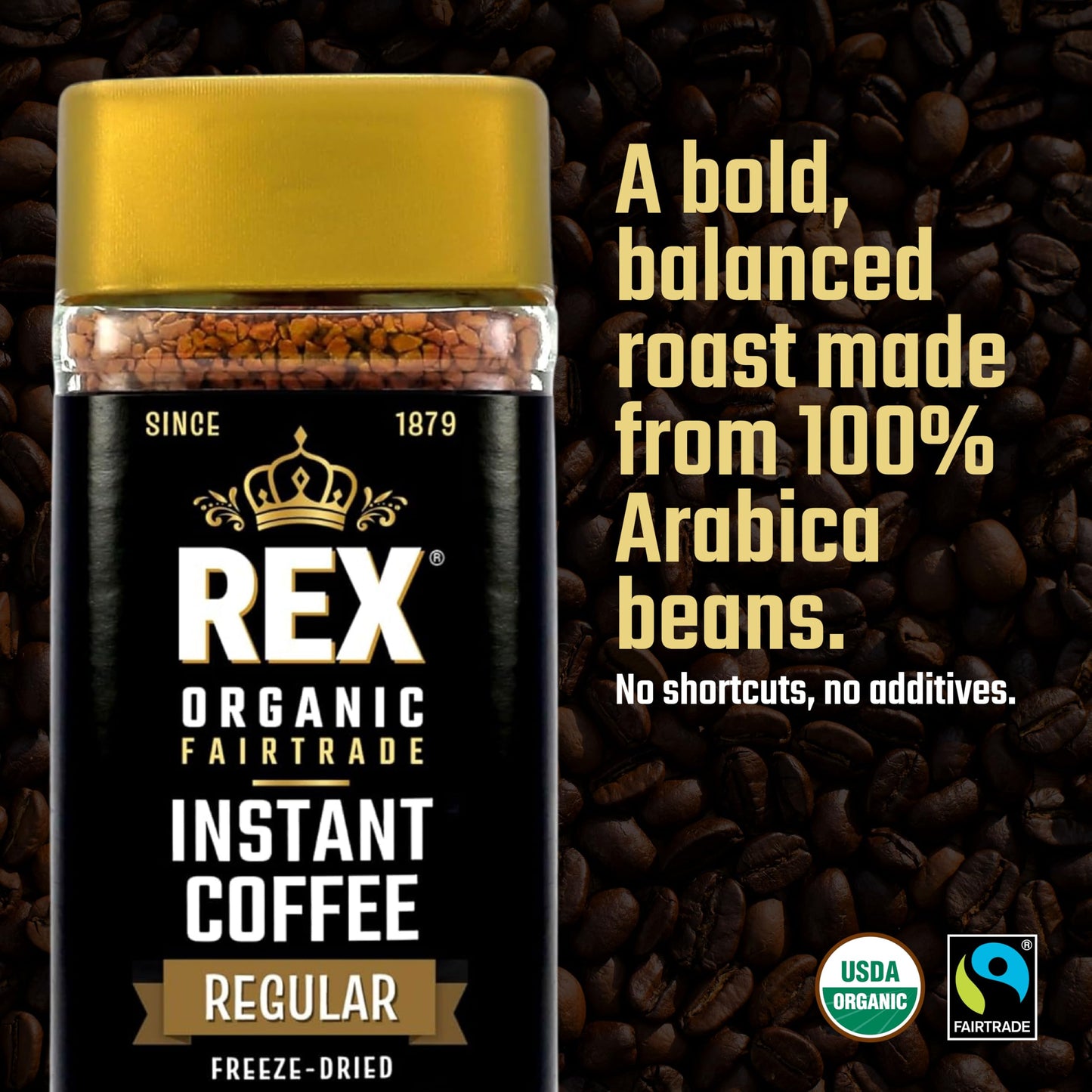 Rex Coffee Organic Fairtrade Freeze-Dried Instant Coffee – Medium Roast Arabica, 3.53 oz Glass Jar – Lab Tested for Mold, Mycotoxins, Heavy Metals, & Acrylamide