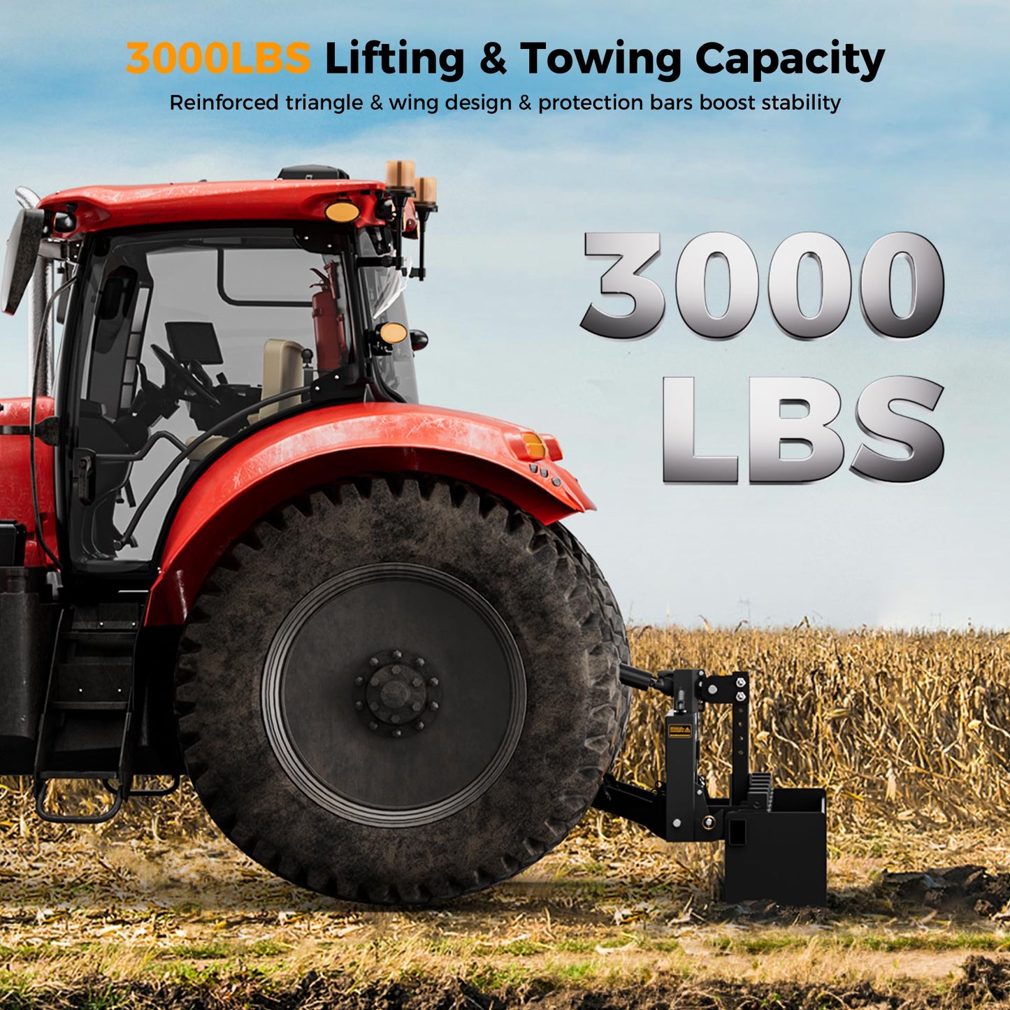CAMMOO 3-Point Quick Hitch with 2" Receiver＆Extra Versatile Adapter, Adaptation to Category 1, No Bushing Required, 3000LBS Lift Capacity, 5 Level Adjustable Bolt &Reinforcing Rib Design (Black)