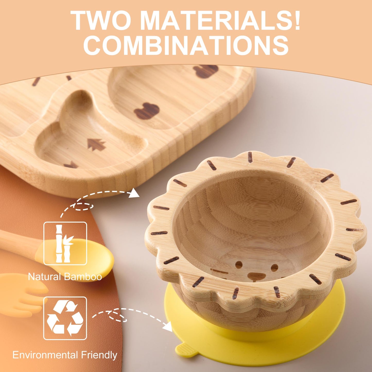 BABY REMEMBER Suction Plates Bowls Set for Baby Toddler Non-Toxic Bamboo Feeding Set with Silicone Fork & Spoon (Yellow Feeding Set)