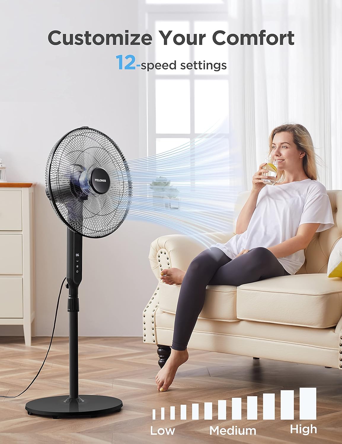 PELONIS 16-Inch Oscillating Pedestal Fan - Ultra Quiet DC Motor, Adjustable Height, Remote Control, 12 Speeds, Black