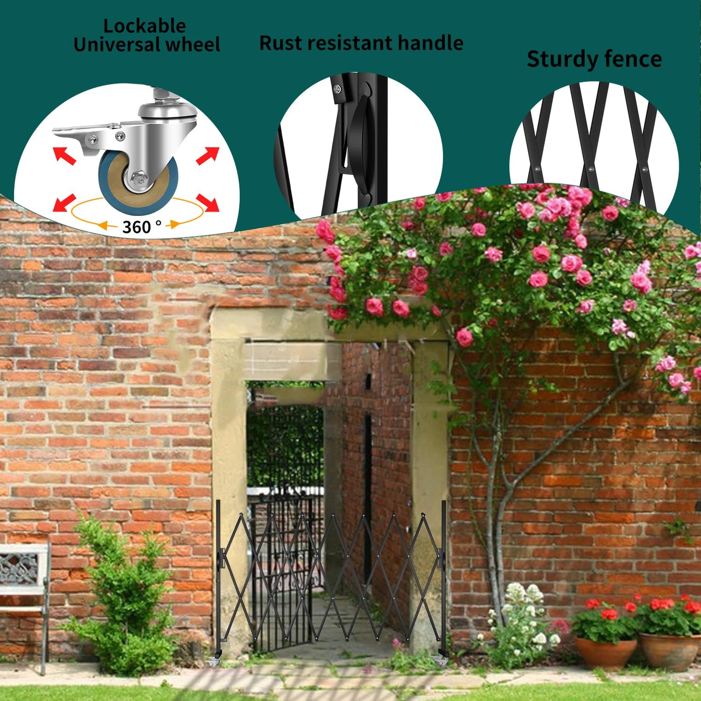 WEWORTH Expandable Barricade Gate,Accordion Garden Yard Outdoor Indoor Portable Folding Security Dog Fence Gates Wall Mount,82" Adjustable Metal Safety Barrier Gate with Casters,Black