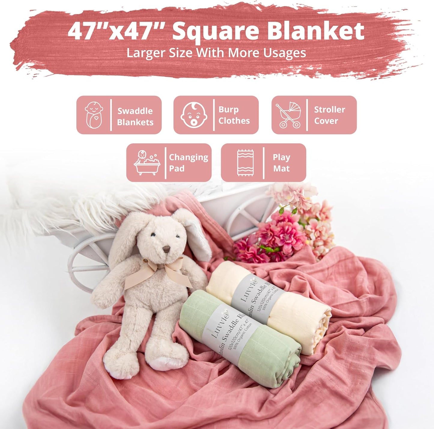 Skiennix Organic Muslin Swaddle Blankets - 100% Cotton, Soft & Breathable, 3-Pack, 47 x 47 Inches