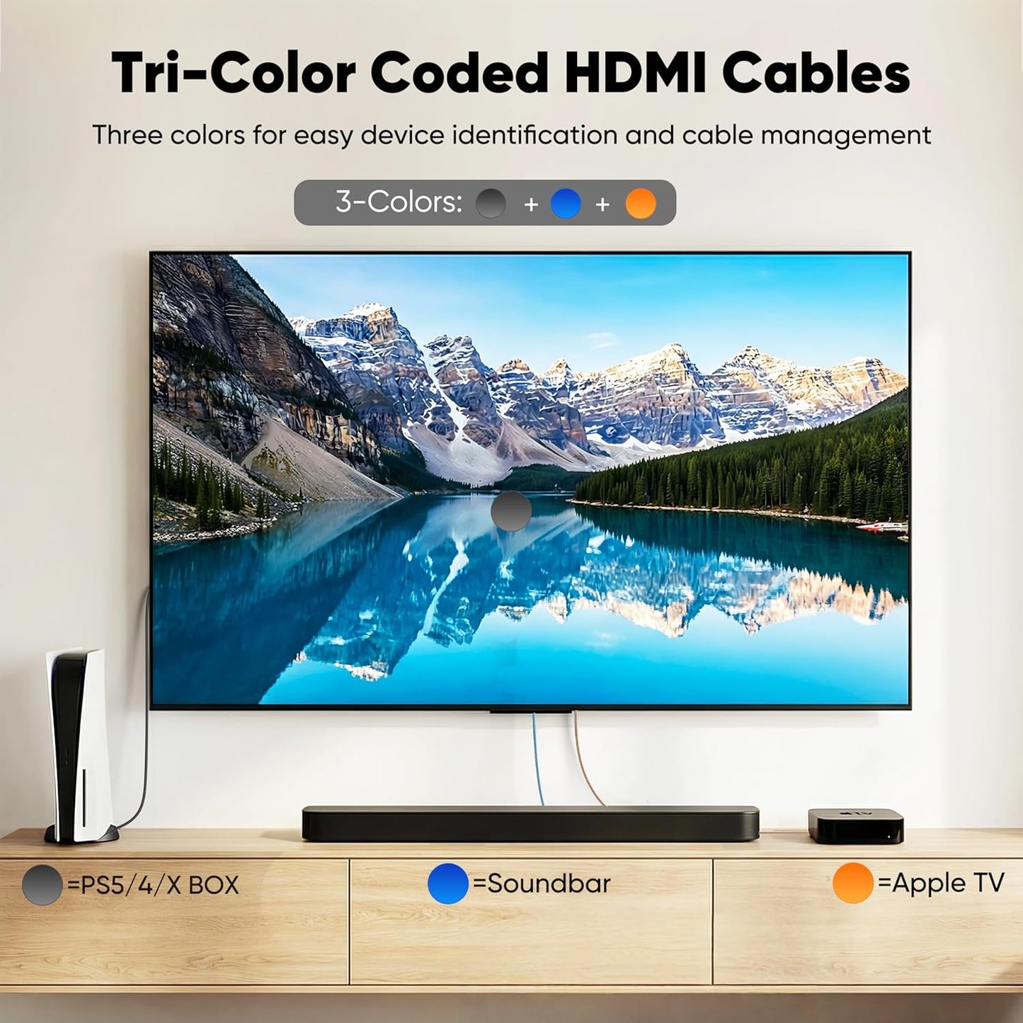 4K 6FT 3-Pack(Tri-Color), 18Gbps 2.0 4K@60Hz 2K@240Hz, HDR10, Dolby, 2.2 PS5, HDMI Cable High Speed HDMI Cable