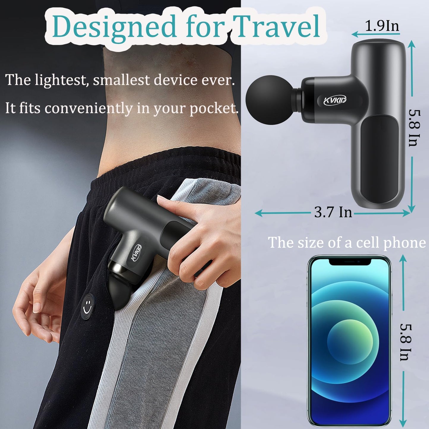 KVKID Mini Massager Gun, Massage Gun Deep Tissue with 4 Attachments, Portable Muscle Massager Gun for Back, Body Sore Muscles, Pain Relief, Rechargeable Small Massage Gun for Office, Home, Athletes