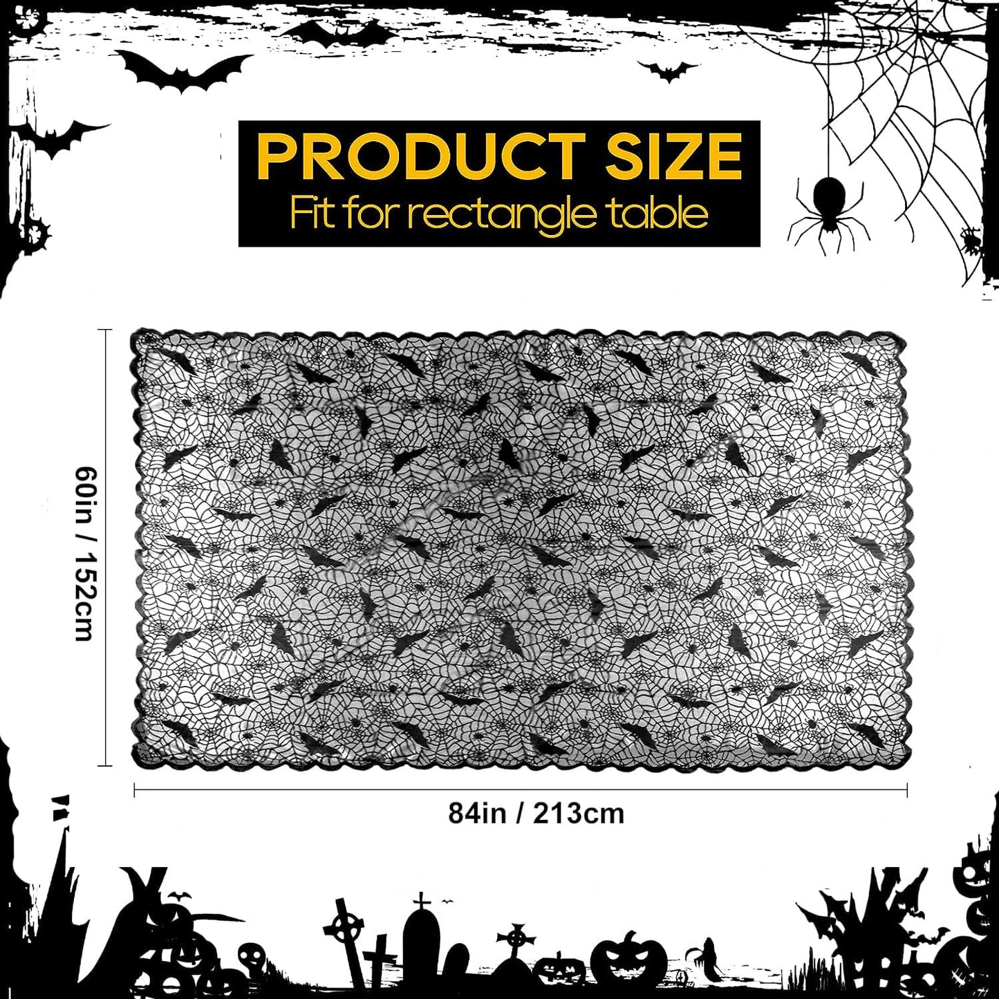 Joyfol Day Halloween Spiderweb Tablecloth, Black Lace Fabric Bats Table Cloths, Spooky Spiders Table Cover, Rectangle Tables Parties Gothic Scary Nights Decorations (60x84 Inch)