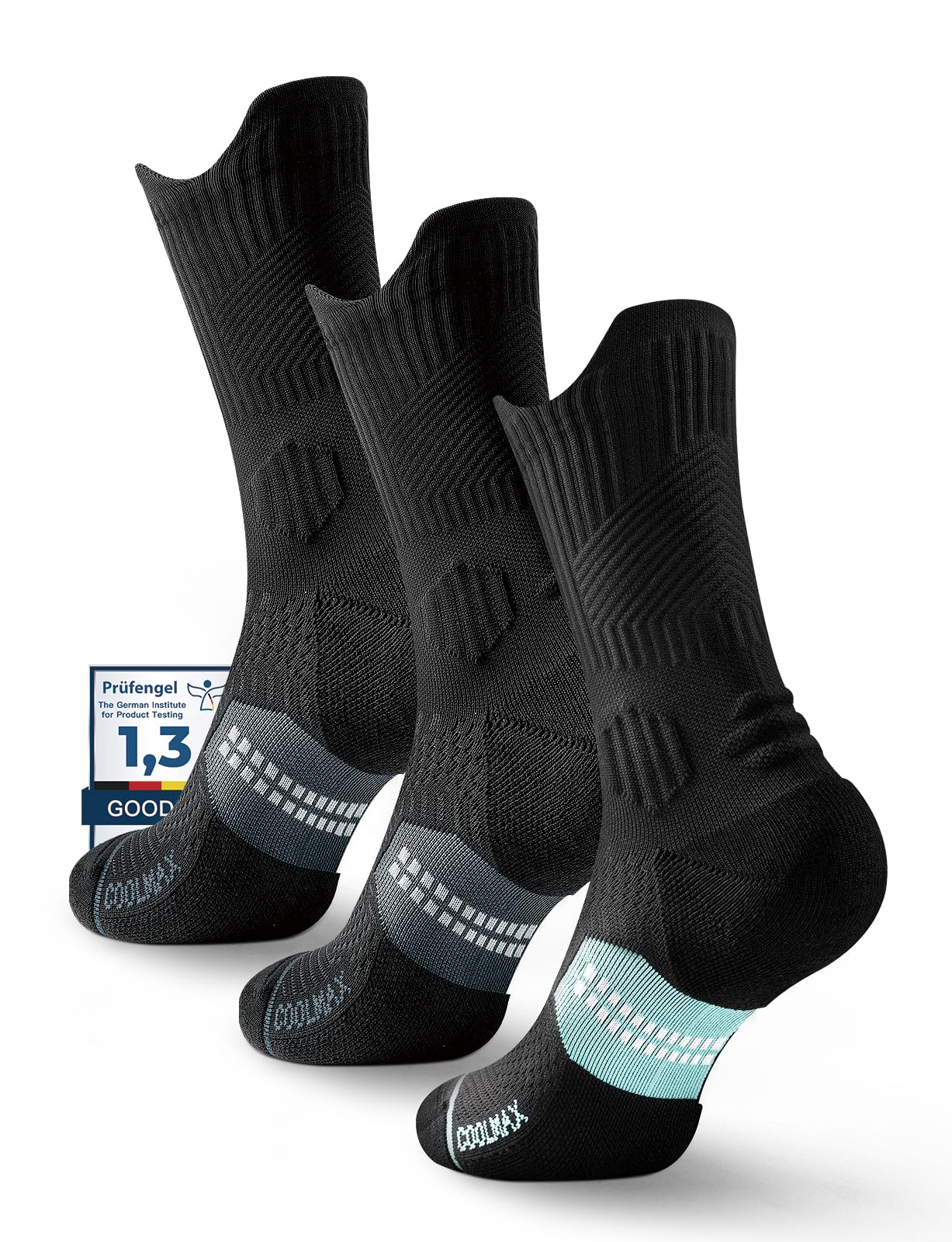 Juclise Womens Coolmax Bamboo Viscose Compression Running Crew Socks, Moisture-Wicking Anti-Blister Hiking&Gym Athletic (US, Alpha, Large, Regular, Regular, Classic Black*2+Aqua Black*1)