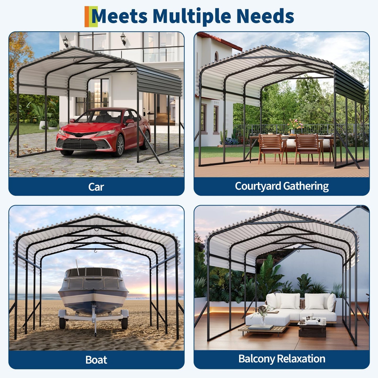 Outdoor Metal Carport, 10x15FT Heavy Duty Carport Canopy with Electro-Galvanized Steel Top & Triple-Braced Foundation, Garage Shelter Shade for Trucks, Boats, Cars