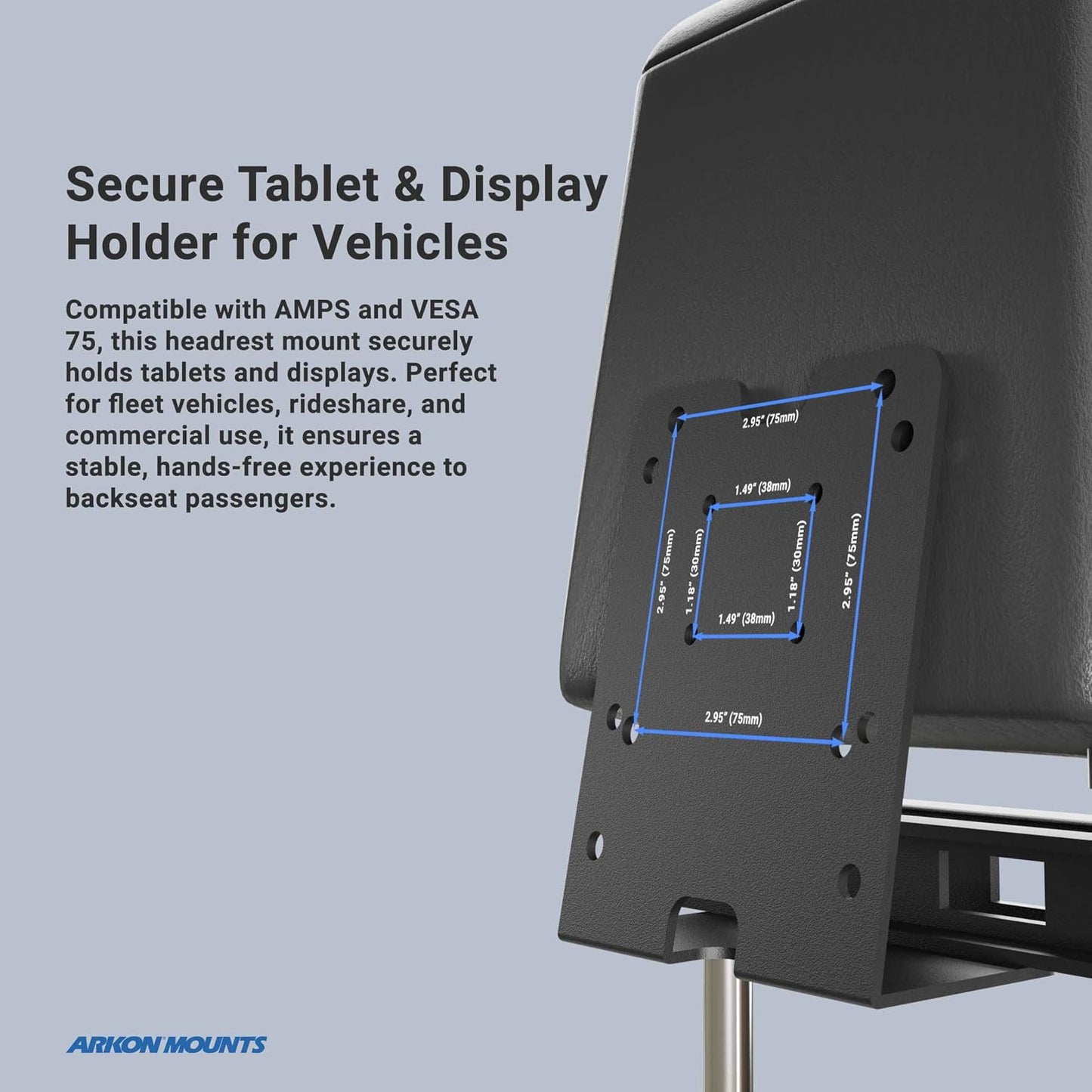 ARKON 2-Post 4-Hole 75 Mounts Taxi Headrest Mount for Tablet, Mobile Printer, or Payment Terminal, Heavy Duty Metal