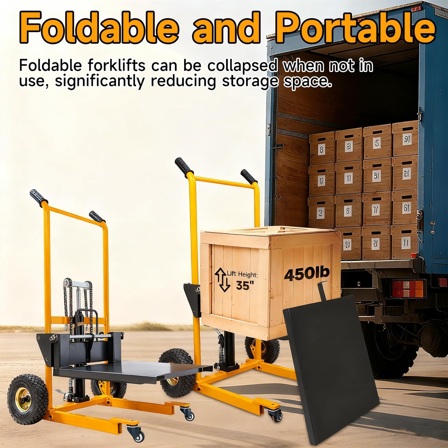 MMS Foldable Hydraulic Material Lift Winch Stacker, 450 Lbs 35.8" Max Lift w/ 9" Wheels 360° Swivel Casters, Pallet Truck Dolly, Fork Lift Table Cart, Pallet Jack, Removable Platform, Adjustable Forks