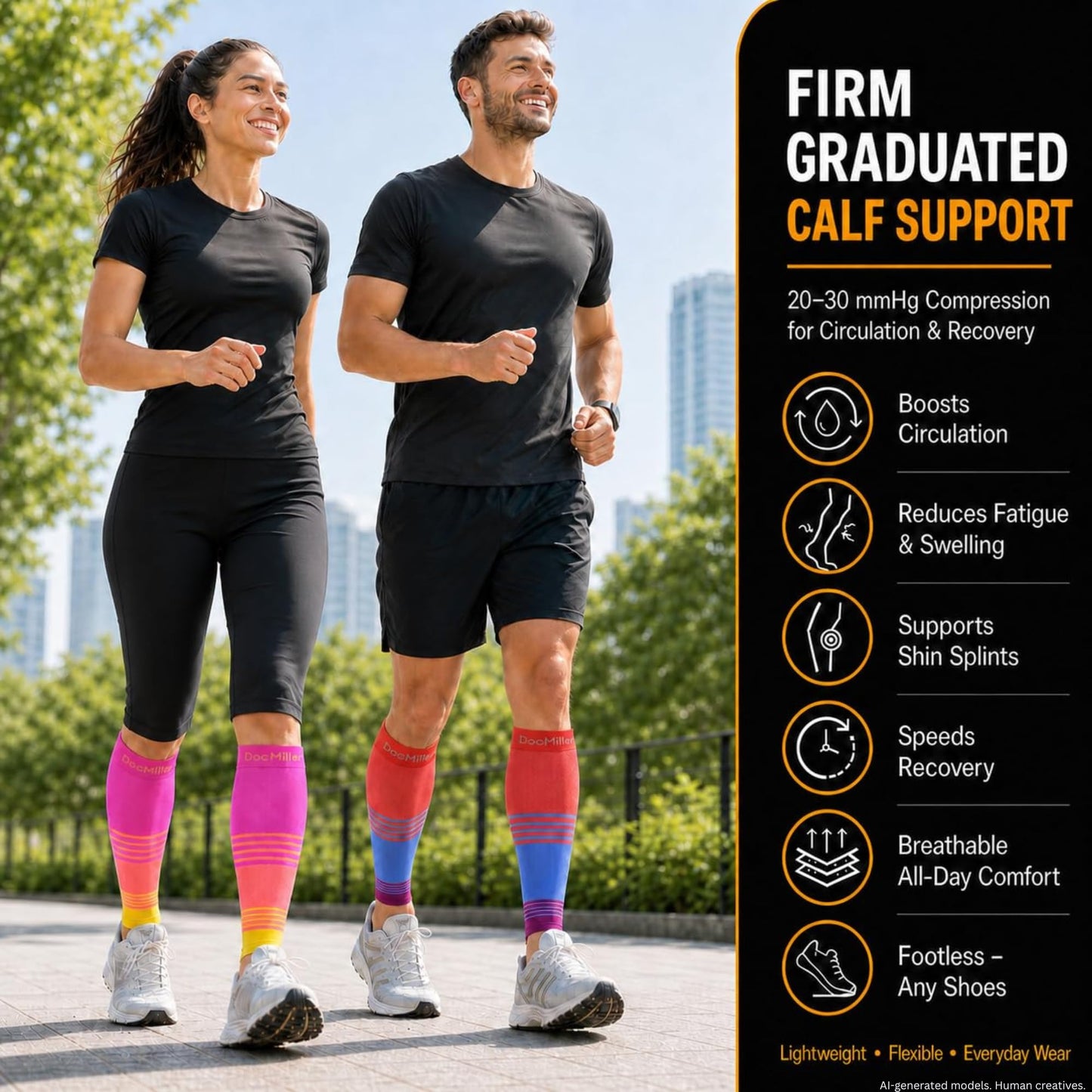 Doc Miller Calf Compression Sleeve for Men & Women – 20–30 mmHg Graduated Compression, Footless Compression Socks Alternative for Running, Shin Splints, Swelling, Varicose Veins –Calf Support, 1 Pair
