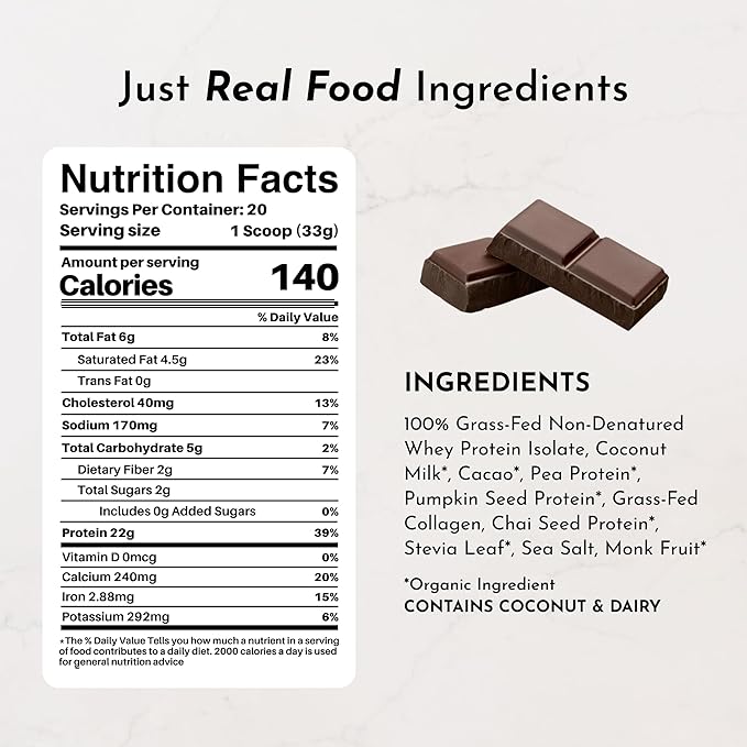 JUST INGREDIENTS Chocolate Protein Powder ??20-Serving Blend with 100% Grass-Fed Whey & Organic Plant Proteins ??Rich Cocoa Flavor ??Supports Muscle Recovery, Energy*