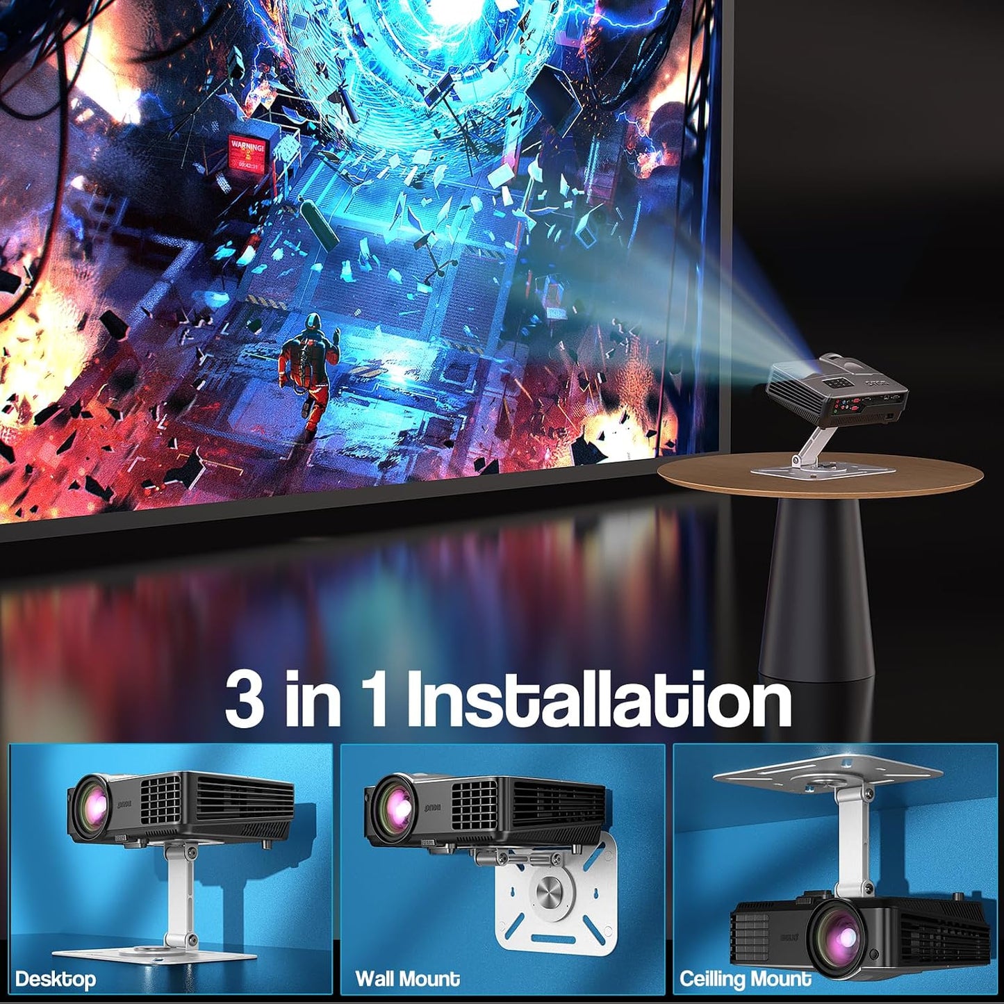 3-in-1 1/4-Inch 360-degree Projector Stand with Cable Ties Desk, Wall and Ceiling Mount with Thread, Foldable, Height