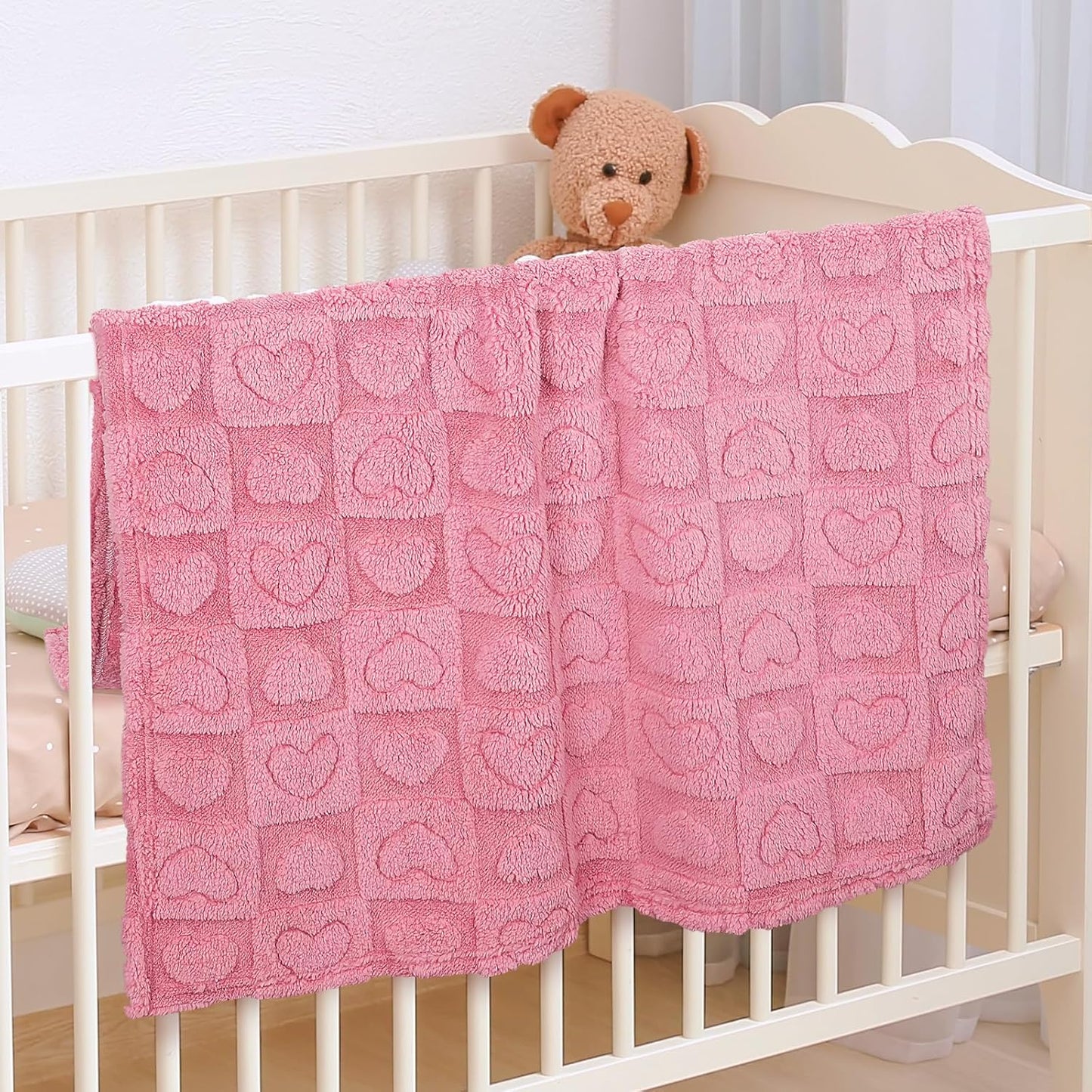 Skiennix Plush Soft Heart Checkered Baby Blanket - Warm, Lightweight Fleece for Infants | 30" x 39" Deep Pink