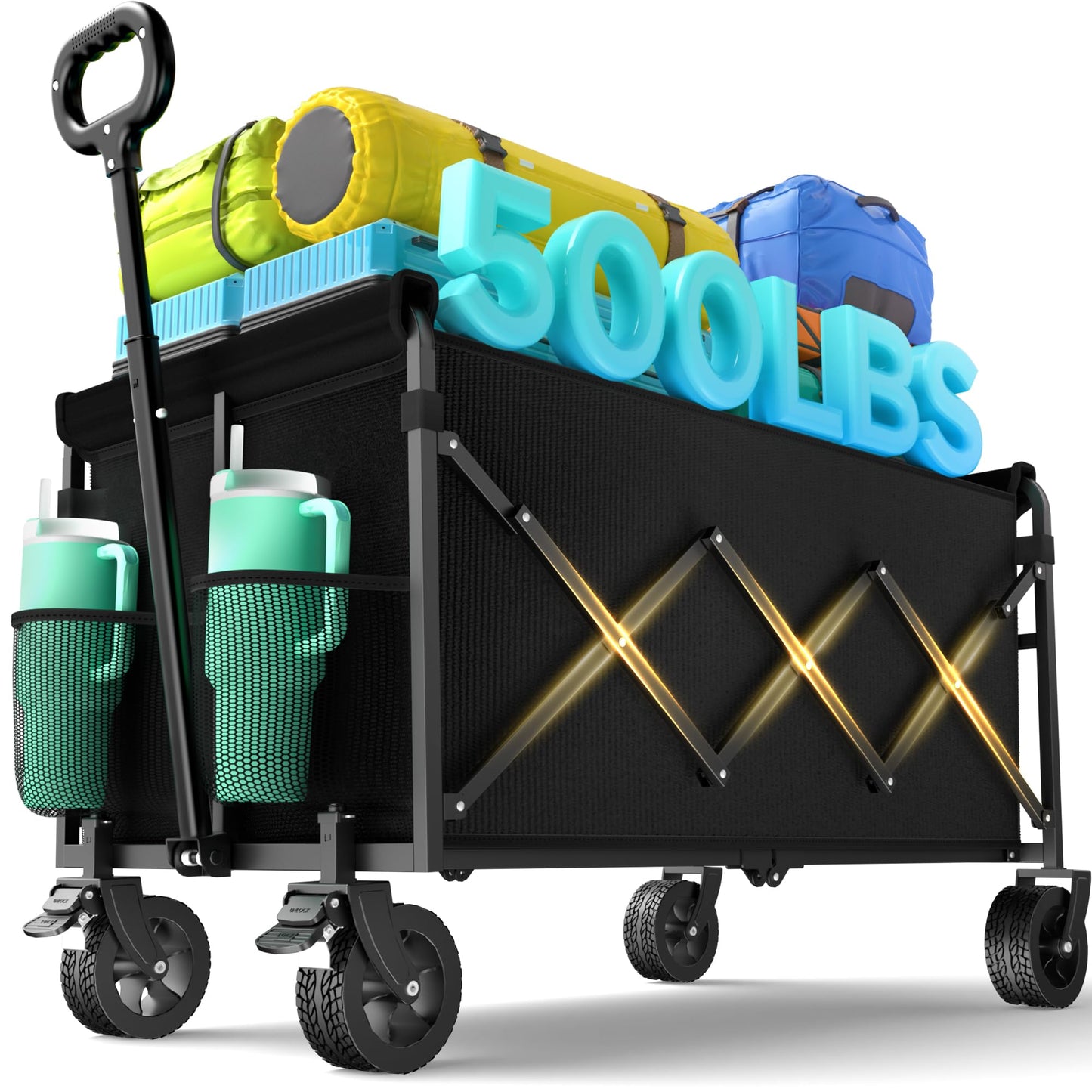 Wagons Carts Foldable Collapsible Foldable Extended Wagon with Brakes, 500lbs Weight Capacity, Heavy Duty Folding Utility Garden Cart with Big All-Terrain Beach Wheels & Drink Holders