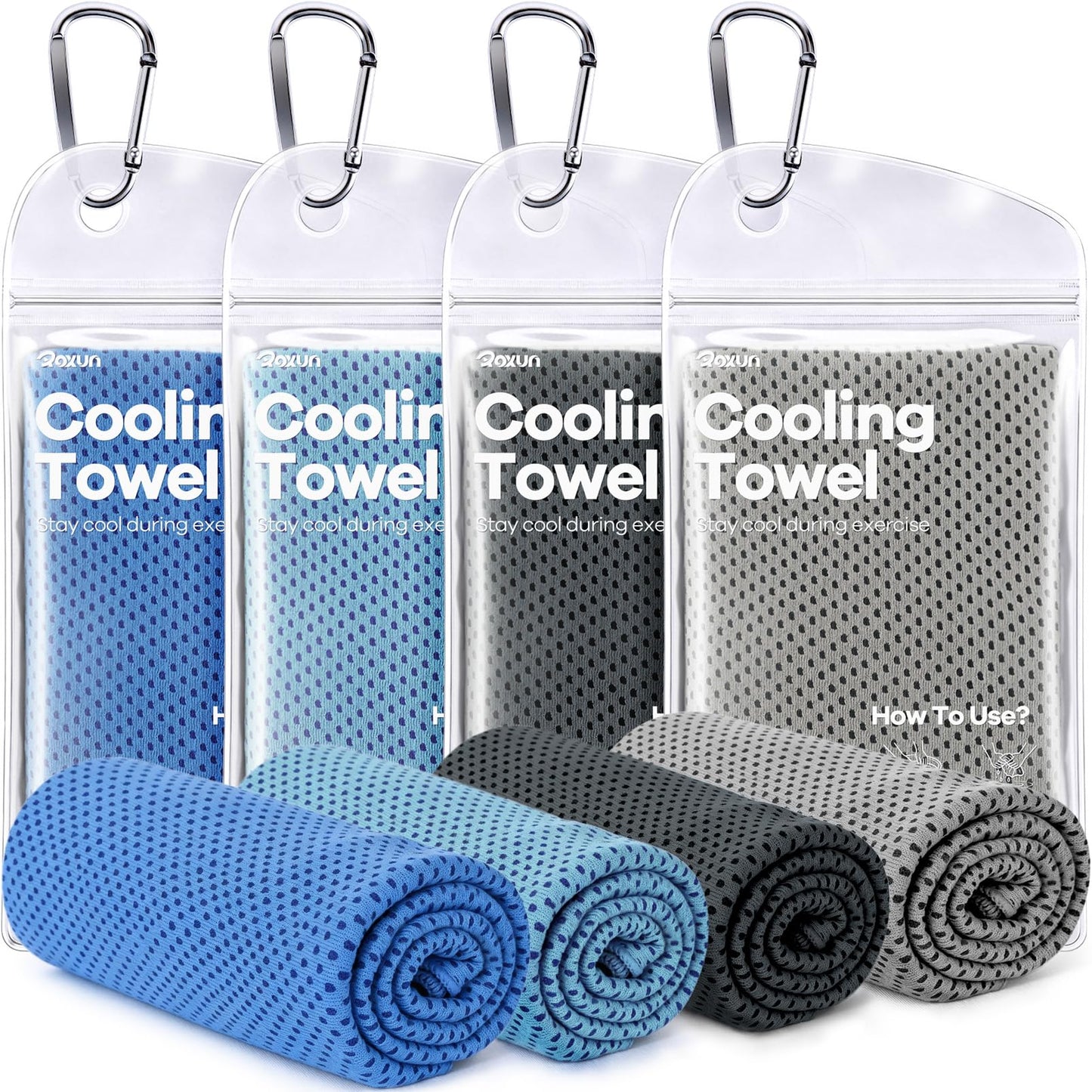ROXUN 4 Pack Cooling Towels, 40''x12'' Soft Breathable Chilly Neck Ice Towel for Workout Running Golf Gray+Dark Gray+Blue+Grayish Blue