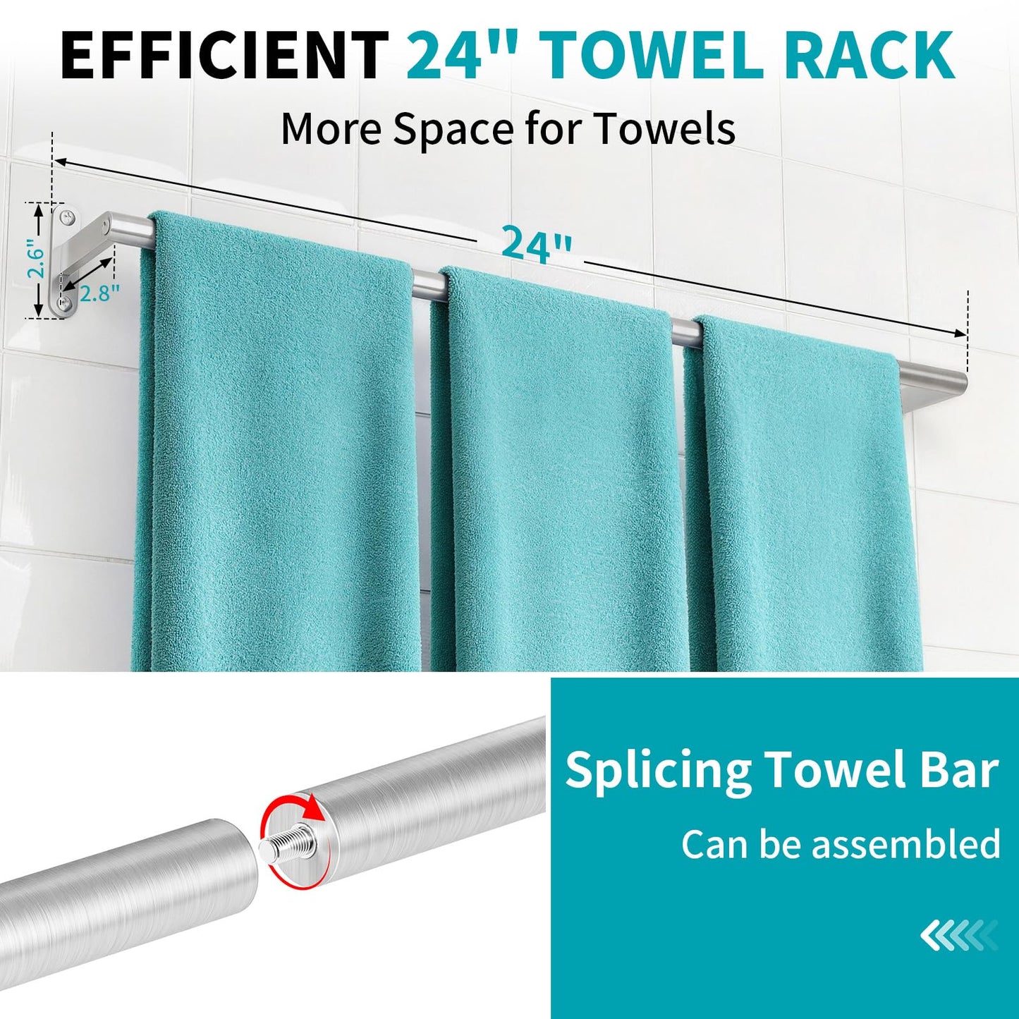 2-Pack Brushed Nickel Bathroom Towel Bar, 24-Inch Towel Racks for Bathroom Wall Mounted, Heavy Duty Towel Rod Holder Mordern Home Decor