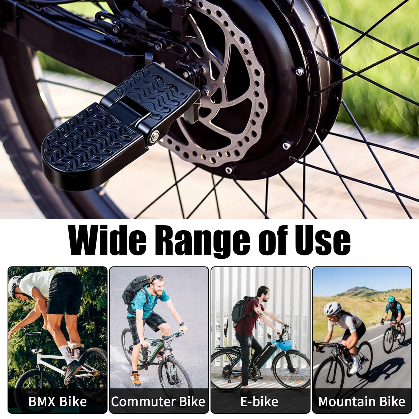 Afcabakila 2Pcs Aluminum Alloy Foot Pegs for E-Bike & Mountain Bike, 4.3 x 1.8 Inch Non-Slip Passenger Peg for Road Bike & BMX Accessories, Folding Rear Pedals, Durable, Space-Saving