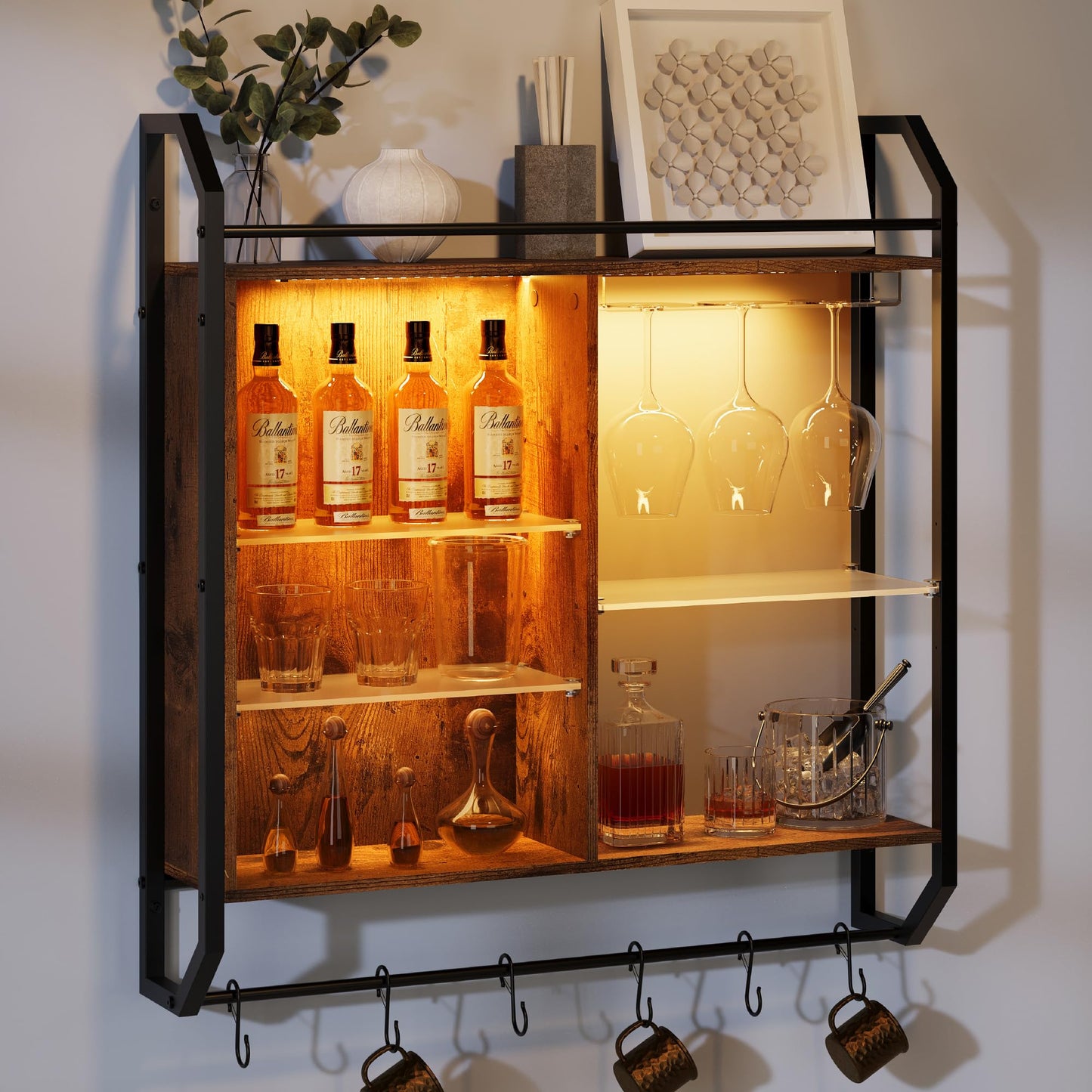 Wall Mounted Rack with LED Lights and Glass Holder, Floating Shelves with 6 S-Hooks,Hanging Wine Glass Rack for Coffee Bar,Home Decor,Gaming Shelf, Hanging Display Rack Bookshelf, Teen Boys Bedroom