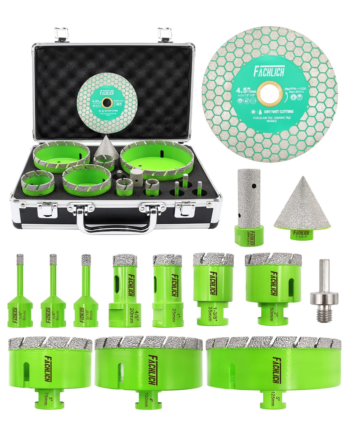FACHLICH Tile Hole Saw Kit - 14pcs Diamond Hole Saw (6/6/8/20/25/35/50/75/100/125mm) with Finger Bit and Chamfer Bit, Tile Drill Bits for Porcelain Ceramic Marble Brick Granite,5/8"-11 Thread