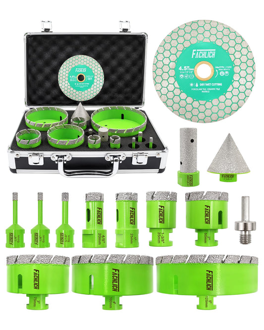 FACHLICH Tile Hole Saw Kit - 14pcs Diamond Hole Saw (6/6/8/20/25/35/50/75/100/125mm) with Finger Bit and Chamfer Bit, Tile Drill Bits for Porcelain Ceramic Marble Brick Granite,5/8"-11 Thread