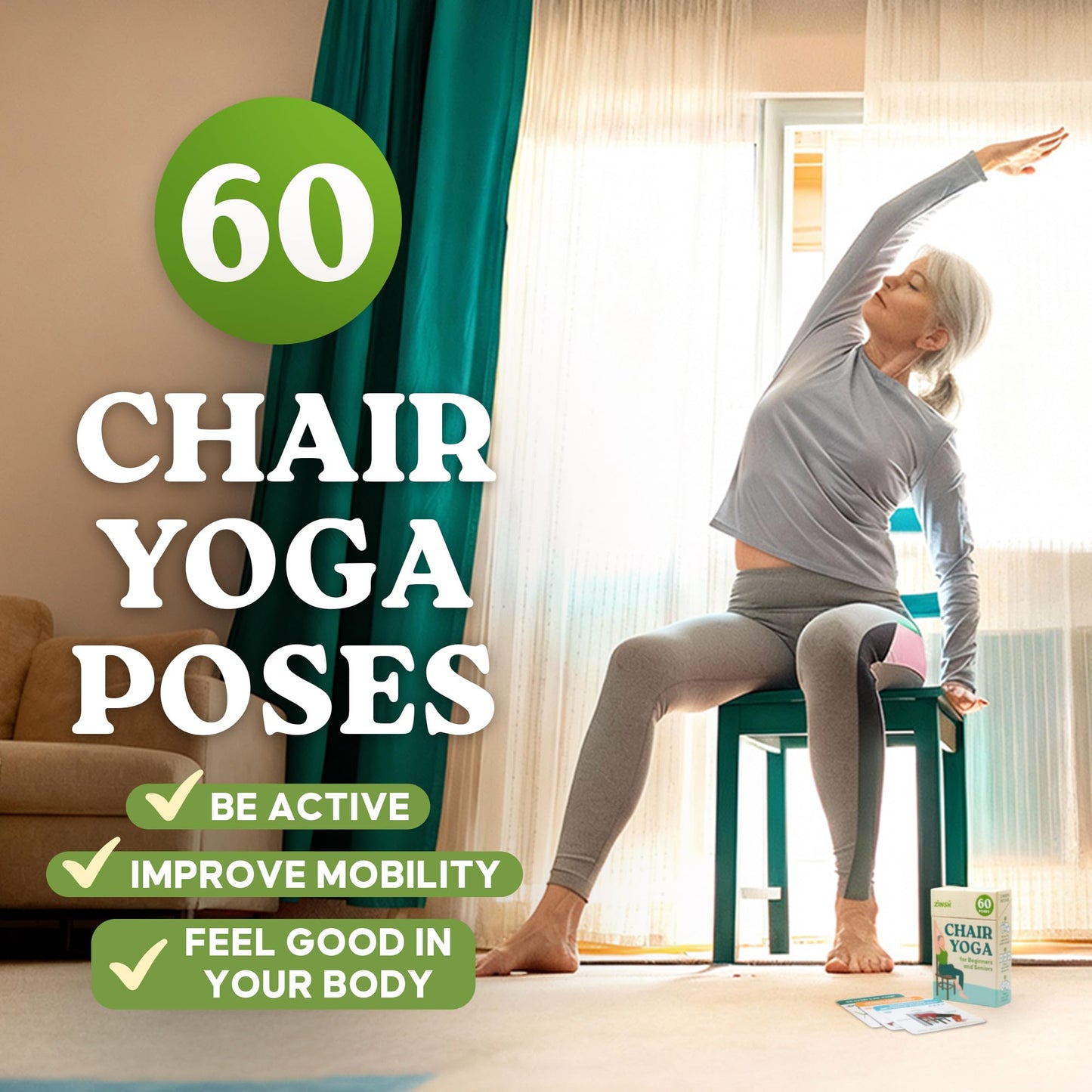 60 Chair Yoga Exercises – Gentle Workouts for Flexibility, Balance & Strength – Big 4″ x 6″ Cards with Step-by-Step Large-Text Instructions – Guidebook & 10 Pre-Made Routines for Seniors & Beginners