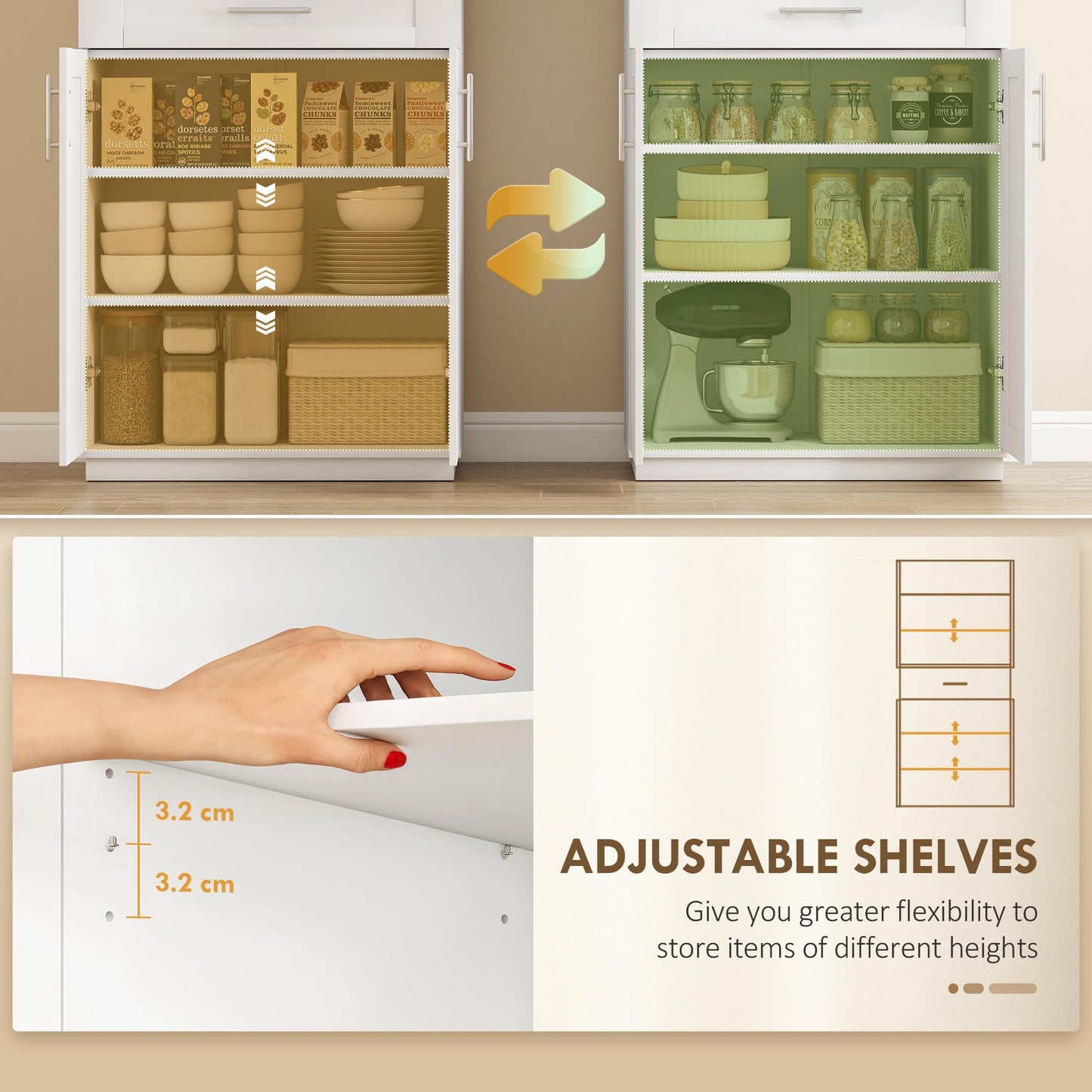 HOMCOM 72" Kitchen Pantry Cabinet, Freestanding Tall Storage Cabinet with 4 Doors, Drawer and 3 Adjustable Shelves for Dining Room, White