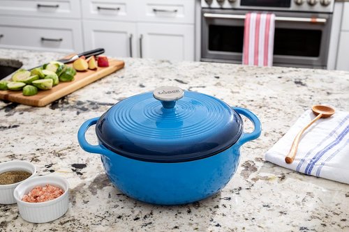 Lodge Enameled Cast Iron Dutch Oven - 4.5 Quart with Lid & Dual Handles - Oven Safe to 500°F | Caribbean Blue