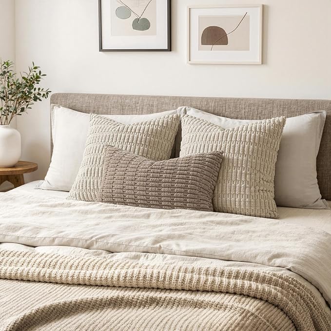 MIULEE Pack of 2 Corduroy Decorative Lumbar Throw Pillow Covers 22x14 Inch Soft Boho Striped Pillow Covers Modern Farmhouse Home Decor for Sofa Living Room Couch Bed Light Brown