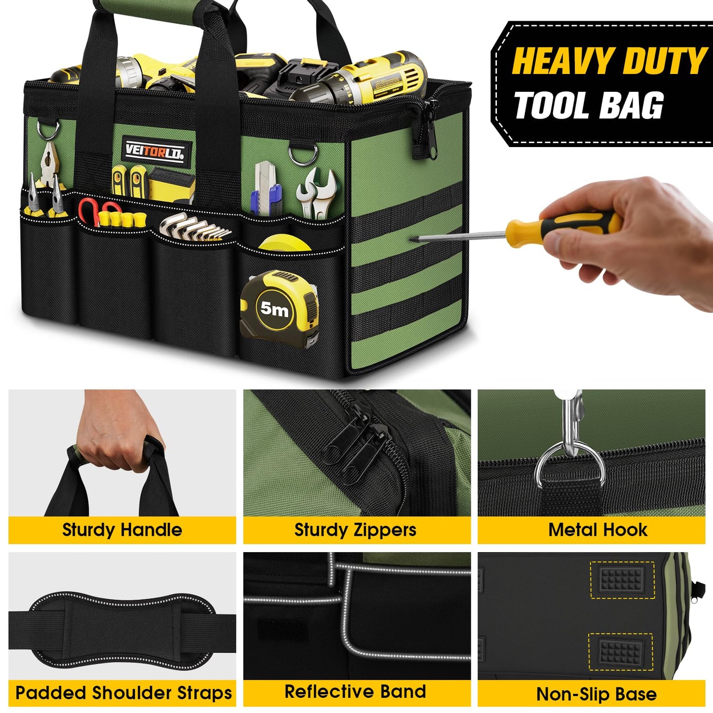 16-Inch Heavy Duty Tool Bag, 19-Pockets Tool Box Organizer, Portable Toolbag W/Soft Handle for Organized Storage, Mechanic Gifts for Men Dad Husband Fathers Day, Wide Mouth Electrician Toolbox, Green