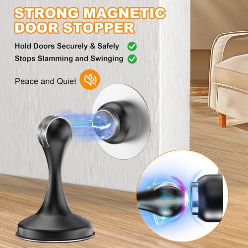 Crosize Magnetic Door Stoppers - Stainless Steel Wall-Mounted & Floor-Mount Metal Holders | 2 Pack, Black