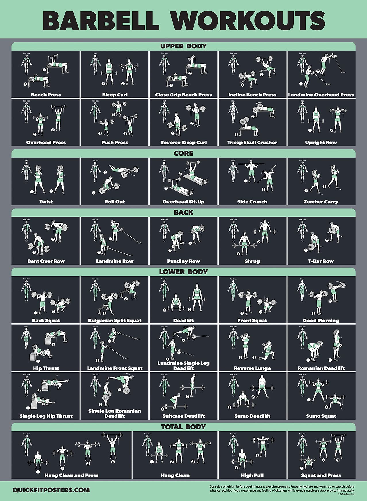 20 Pack - Exercise Poster Set: Dumbbell, Suspension, Battle Rope, Stretching, Bodyweight, Barbell, Yoga, Exercise Ball, Muscular, Kettlebell, Resistance Bands and More [Dark] (LAMINATED, 18” x 24”)