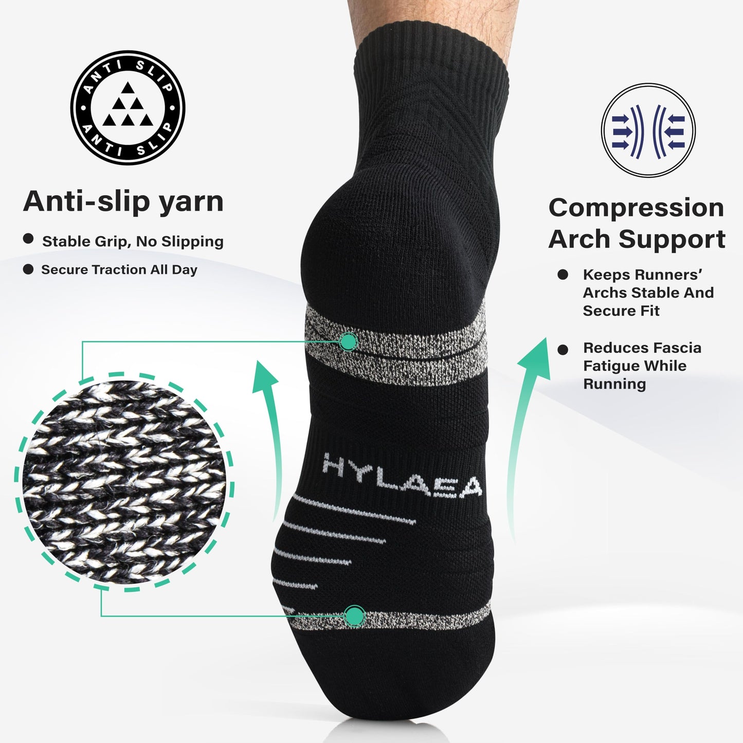Hylaea Quarter Compression Running Socks, Anti-Blister Athletic Socks with Cushion and Moisture Wicking Coolmax, Black Large