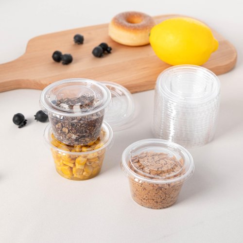 HOMIP 300Pack 4oz Disposable Plastic Portion Cups with Lids, Small Mini Sauce Cups for Portion Control, Salad Dressing Cups, Airtight and Stackable Condiment Cups for Party, Holiday and Daily Use