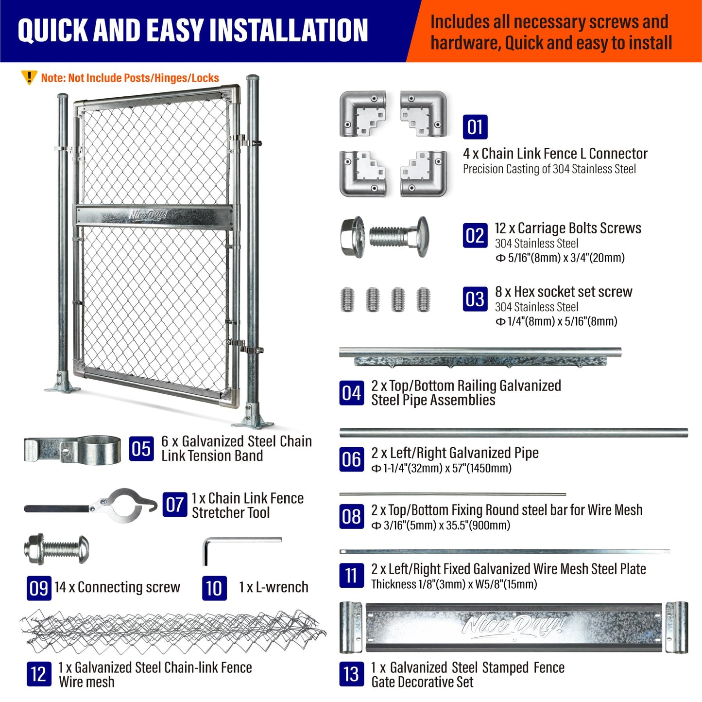 4x5FT(43.3" W x 59.0" H) Heavy Duty Chain Link Gate Easy Installation, Galvanized Steel Chain Link Gate Kit for Yard丨Pet Enclosure丨Backyard（Includes Galvanized Steel Pipes）