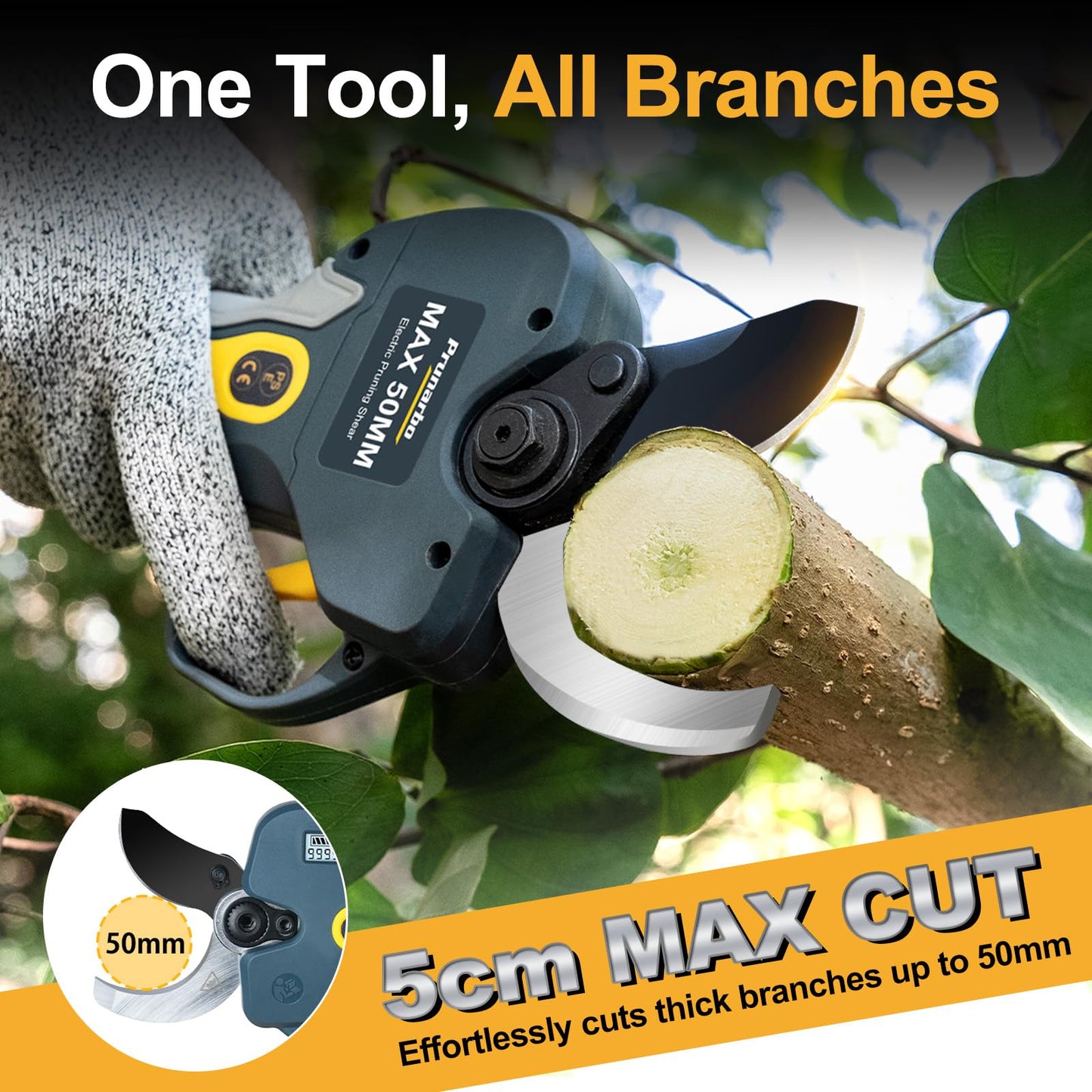 2 Inch Professional Electric Pruning Shears Cordless, Pole Compatible Tree Pruner for High Branches, 2×4000mAh Battery 50mm Heavy Duty Secateurs Compatible with Makita, Orchard Vineyard Commercial Use