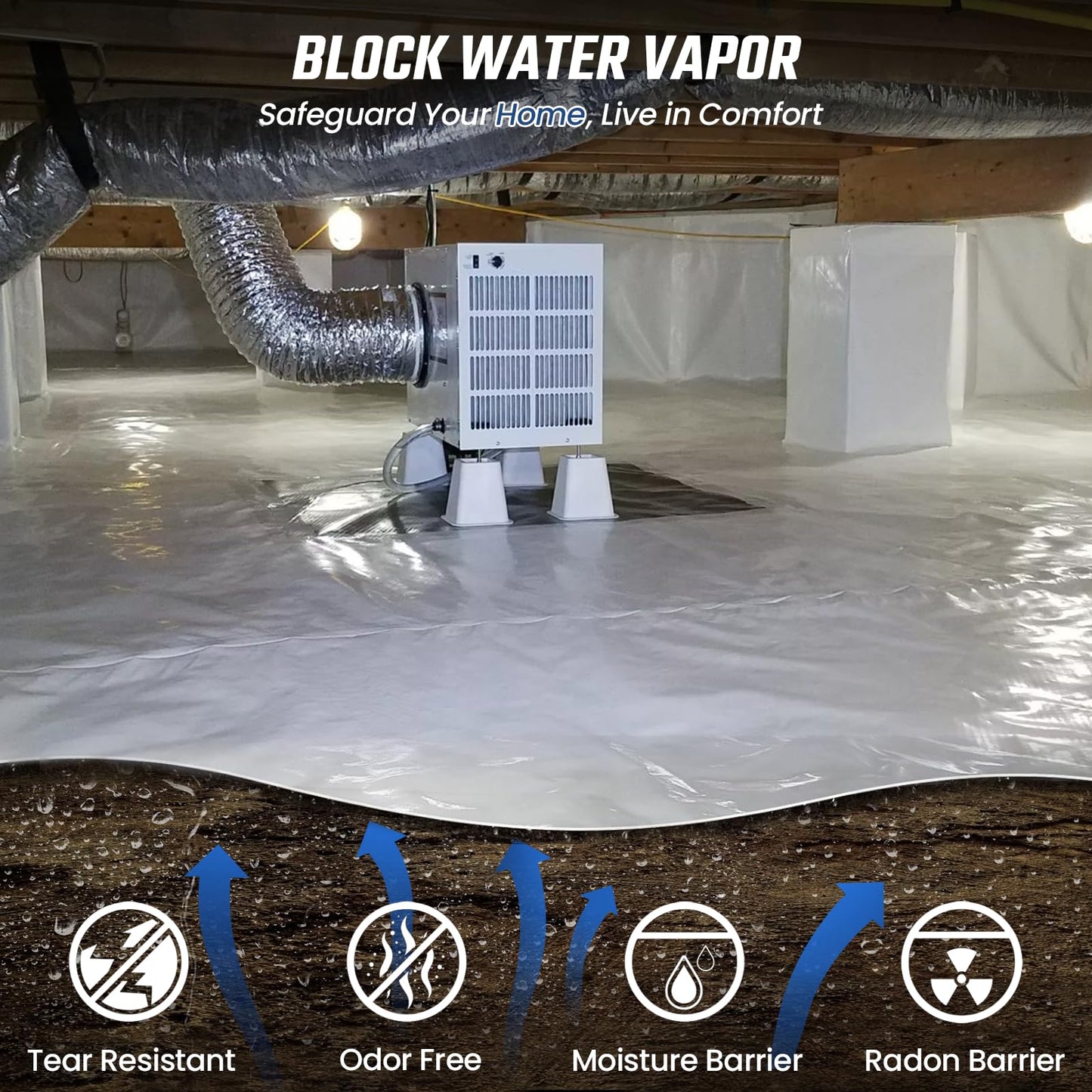 Crawl Space Vapor Barrier - 15 Mil Vapor Barrier - (12' x 100'), Tear Resistant, Heavy Duty Vapor Barrier Plastic, Drop Cloth Moisture Barrier Plastic Sheeting Covering for Crawlspace Encapsulation